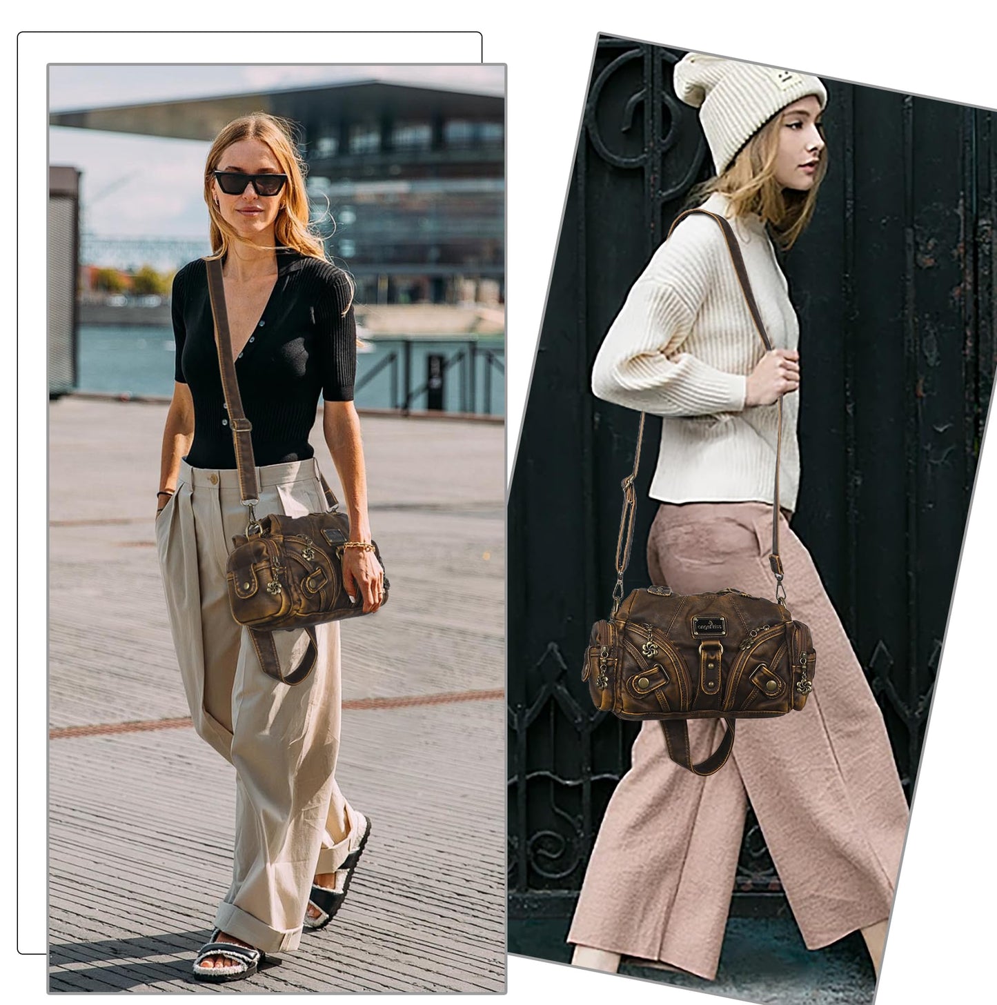 Angel Kiss Purses for Women Small Hobo Shoulder Bags Vagen Leather Multi-Pocket Tote Bag with Zipper (Retro Brown)