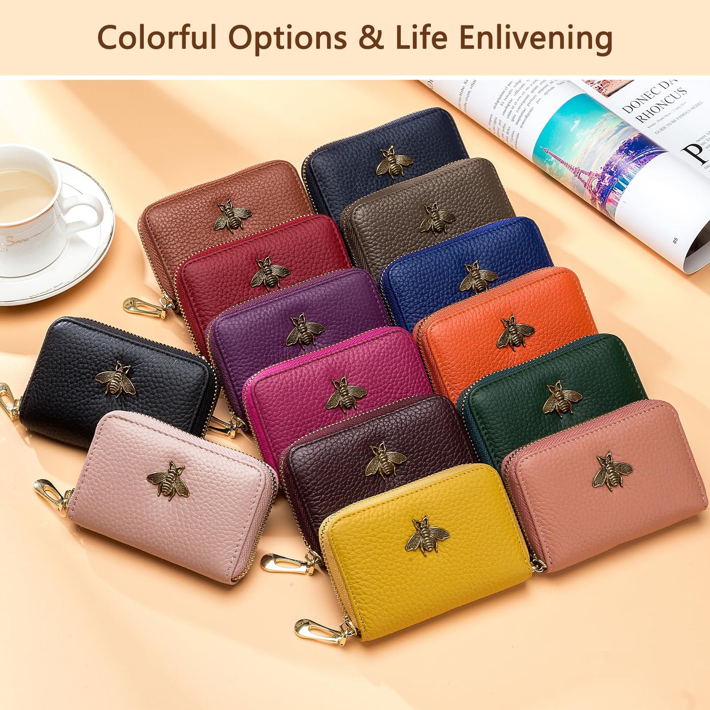 imeetu RFID Credit Card Holder, Small Leather Zipper Card Case Wallet for Women (Lite,Coral Pink)