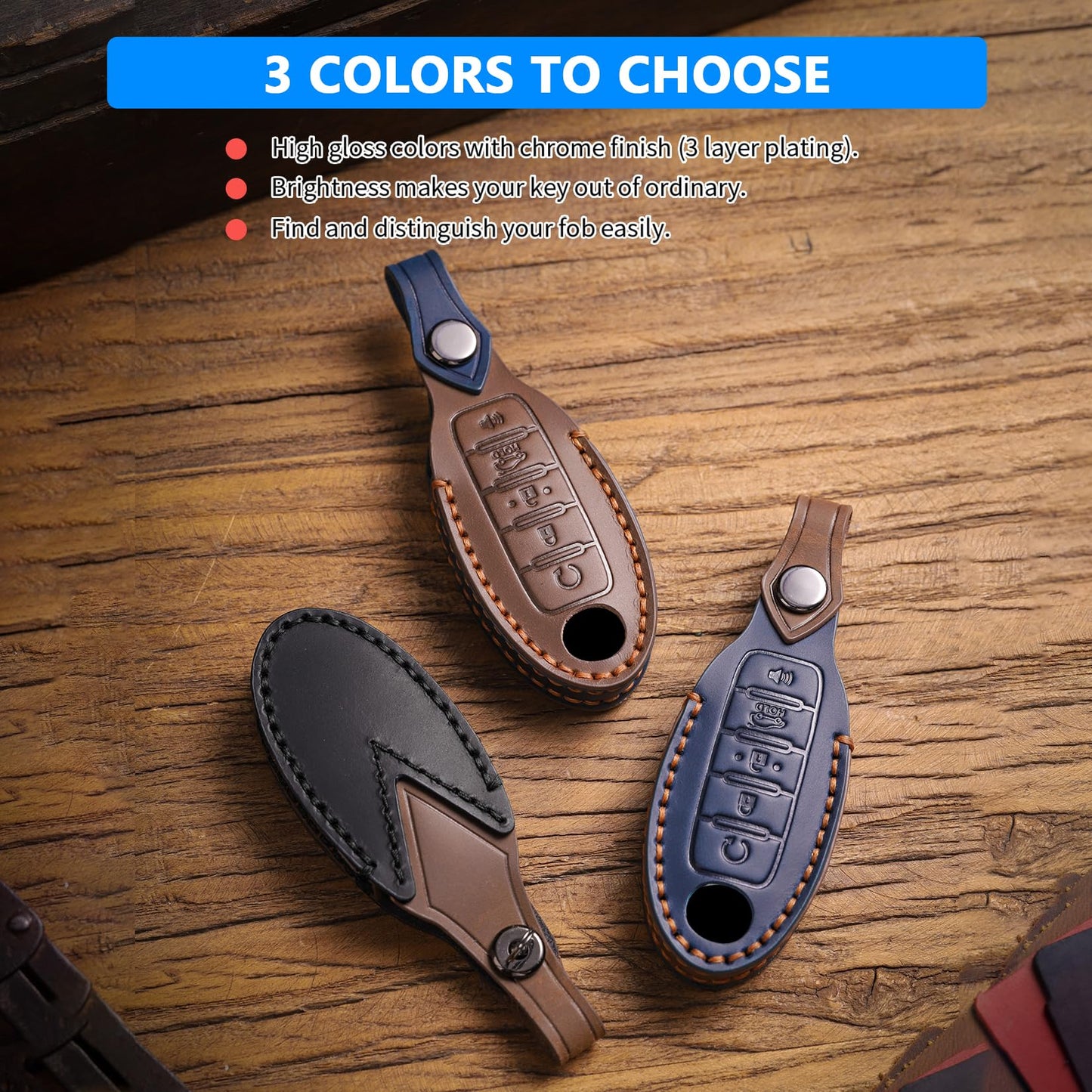 QBUC for Nissan Genuine Leather Key Fob Cover Protective Case with Keychain for Rogue Pathfinder Murano Armada Frontier Sentra Altima Versa Titan Maxima Titan Xterra 5-Buttons(Black Leather)