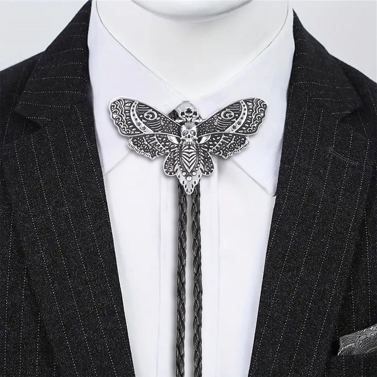 Western Bolo Tie for Men Women Death Head Moth Cowboy Bolo Tie Necktie Metal Insect Dead Gothic Punk Retro Jewelry(Silver)