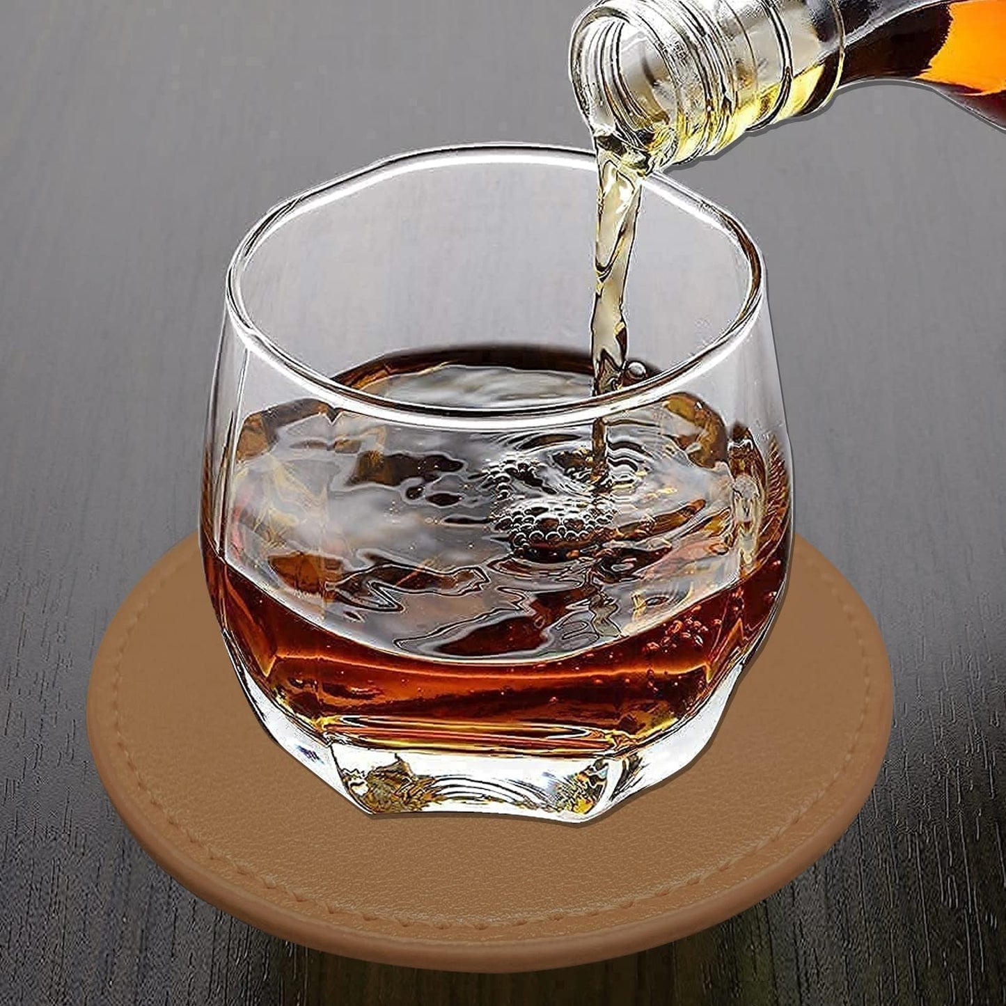 KEMMPER Coasters Set of 6 Soft Leather Drink Coaster Round Coaster with Sewing Around, Suitable for Various Cups, Wooden Tables,Home Decoration,4 Inches(Brown)