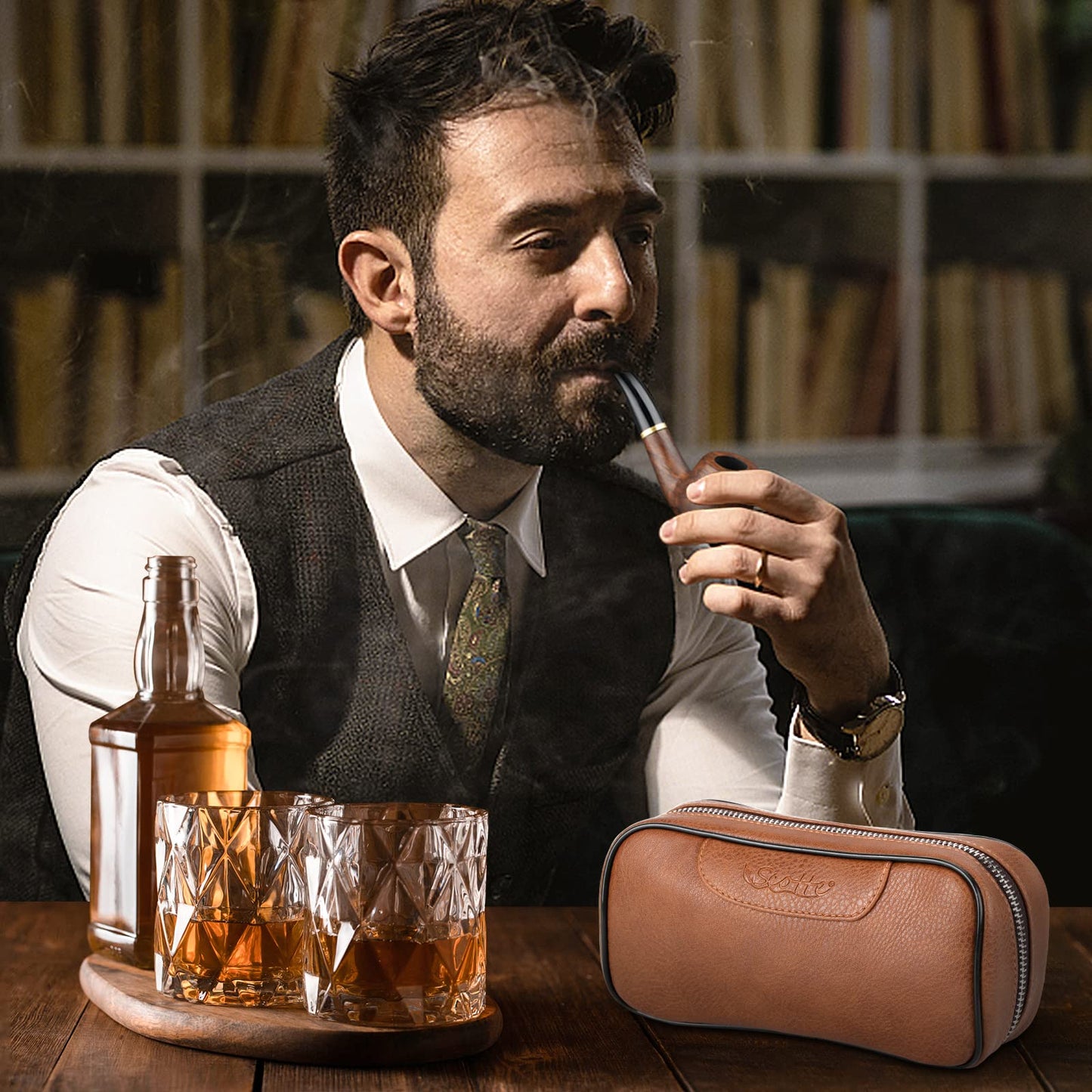 Scotte PU Leather Tobacco Smoking Wood Pipe Pouch case/Bag for 2 Tobacco Pipe and Other Accessories(Does not Include Pipes and Accessories)