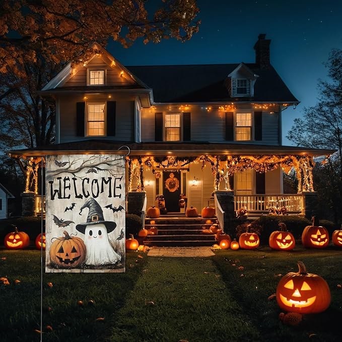 Halloween Garden Flag, 12x18 Inch Halloween Flag, Welcome Yard Flag with Ghost, Pumpkin for Outdoor Porch Decorations
