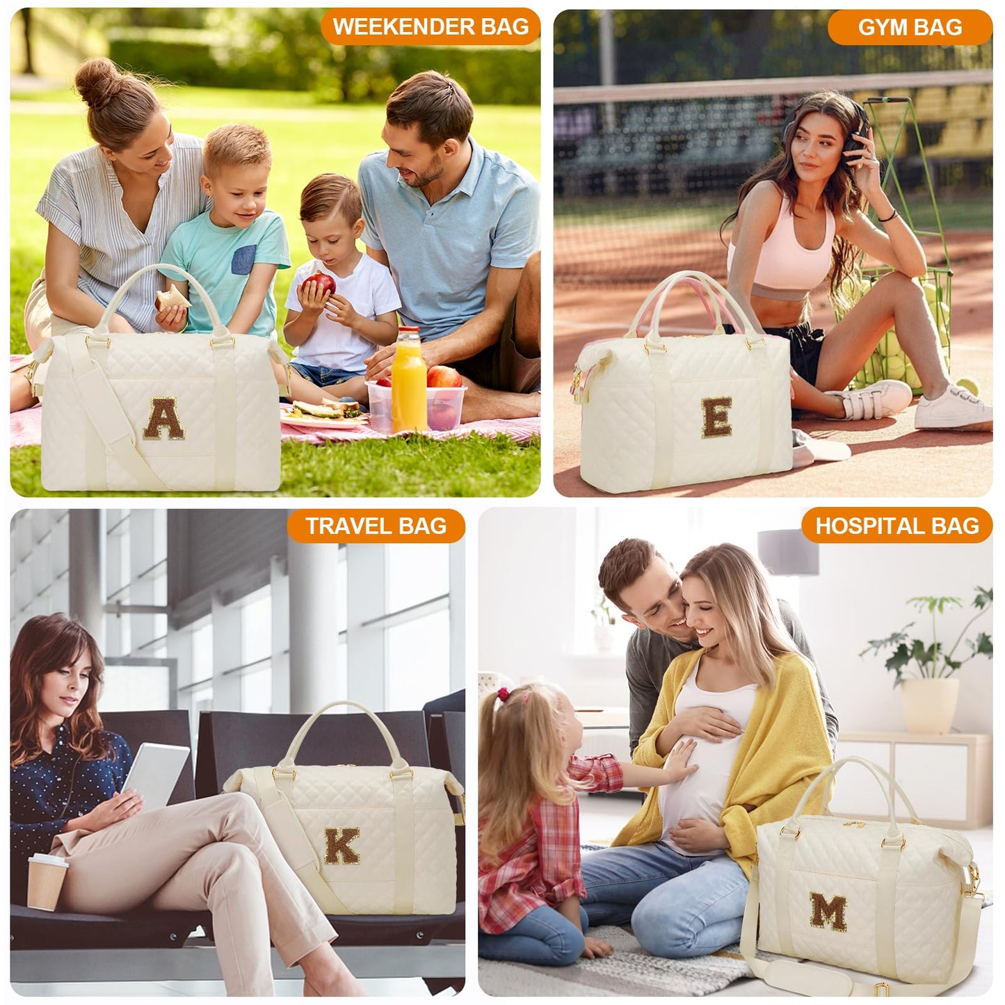 Gifts for Women, Initial Travel Duffle Bag, Personalized Weekender Overnight Bags, Gift for Mom Friend College Girl Graduation Teacher(Beige,A)
