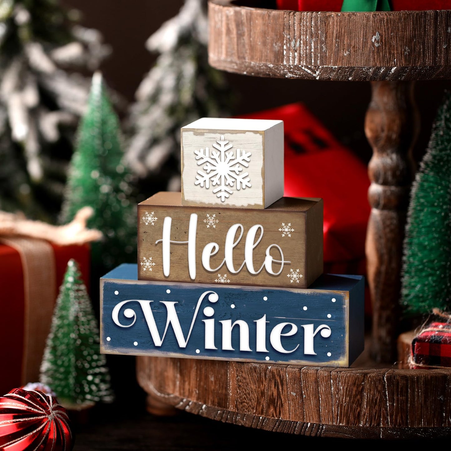 Huquary 3 Pcs Winter Let It Snow Tiered Tray Decor Table Sign Winter Theme Wood Decorations Centerpiece Decor for Party Gift Desk(Snowflake Style)