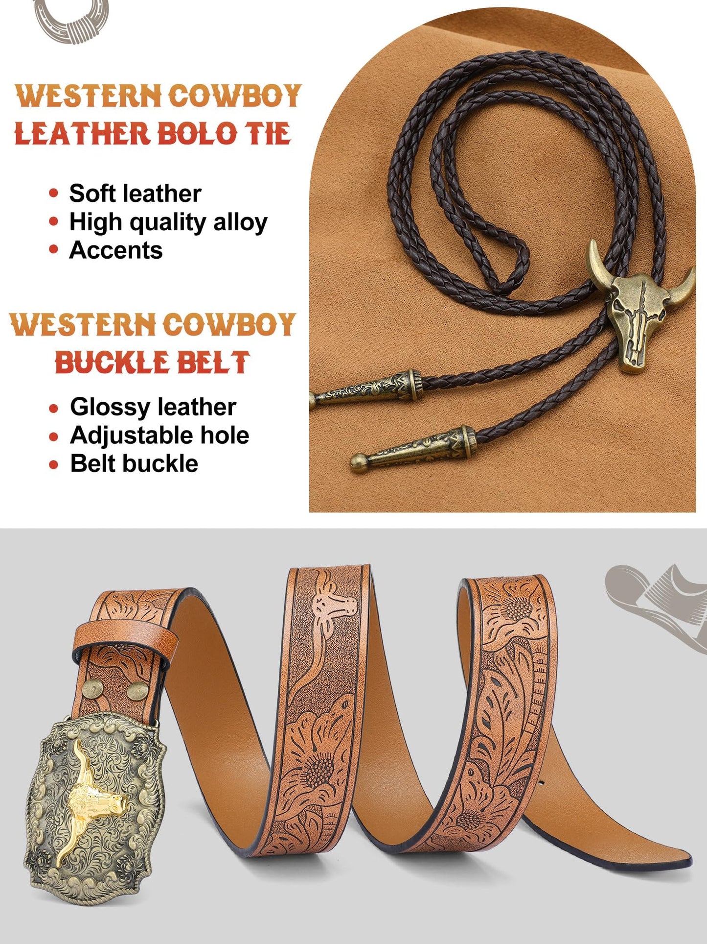 Cutecrop 4 Pcs Western Cowboy Outfits for Men Suede Leather Vest Hat Bolo Tie Belt for Western Halloween Cosplay(Medium,Brown)