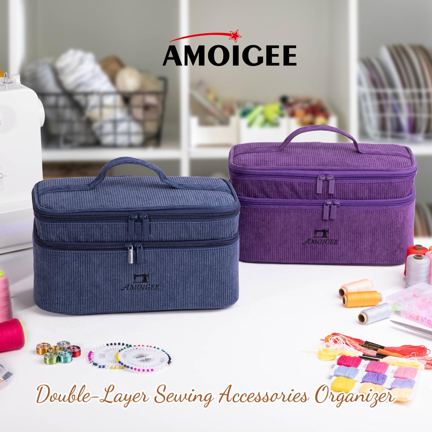 AMOIGEE Double-Layer Sewing Accessories Organizer with Pin Cushion – Large Sewing Storage Bag for Thread, Notions & Tools – Portable Travel Sewing Tote for Quilting, Embroidery & Crafts Gift (BagOnly)