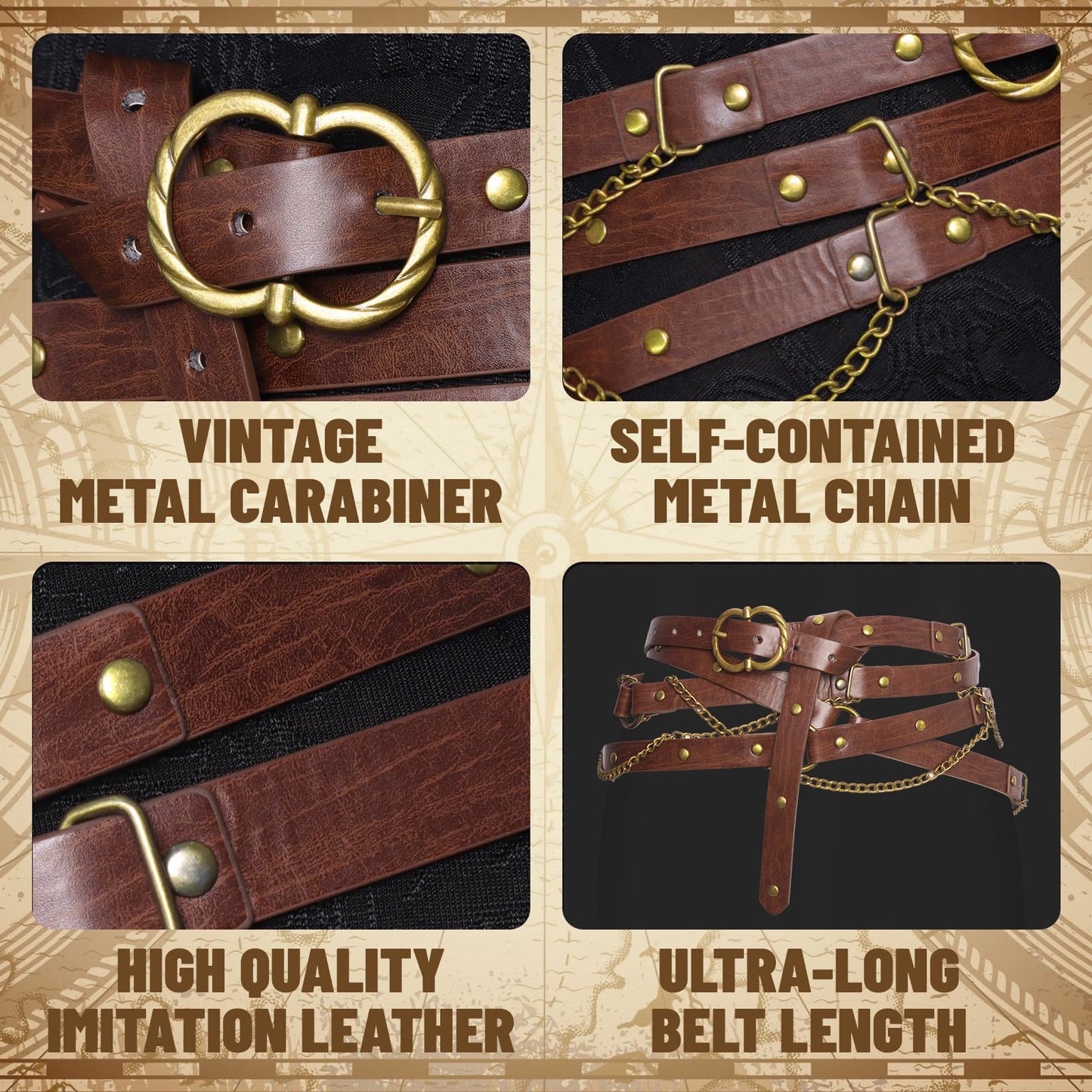 TobWeaL Medieval DIY Pirate Belt, Metal Chain Adjustable Leather, Retro Renaissance Belts for Women Dresses (brown, a)