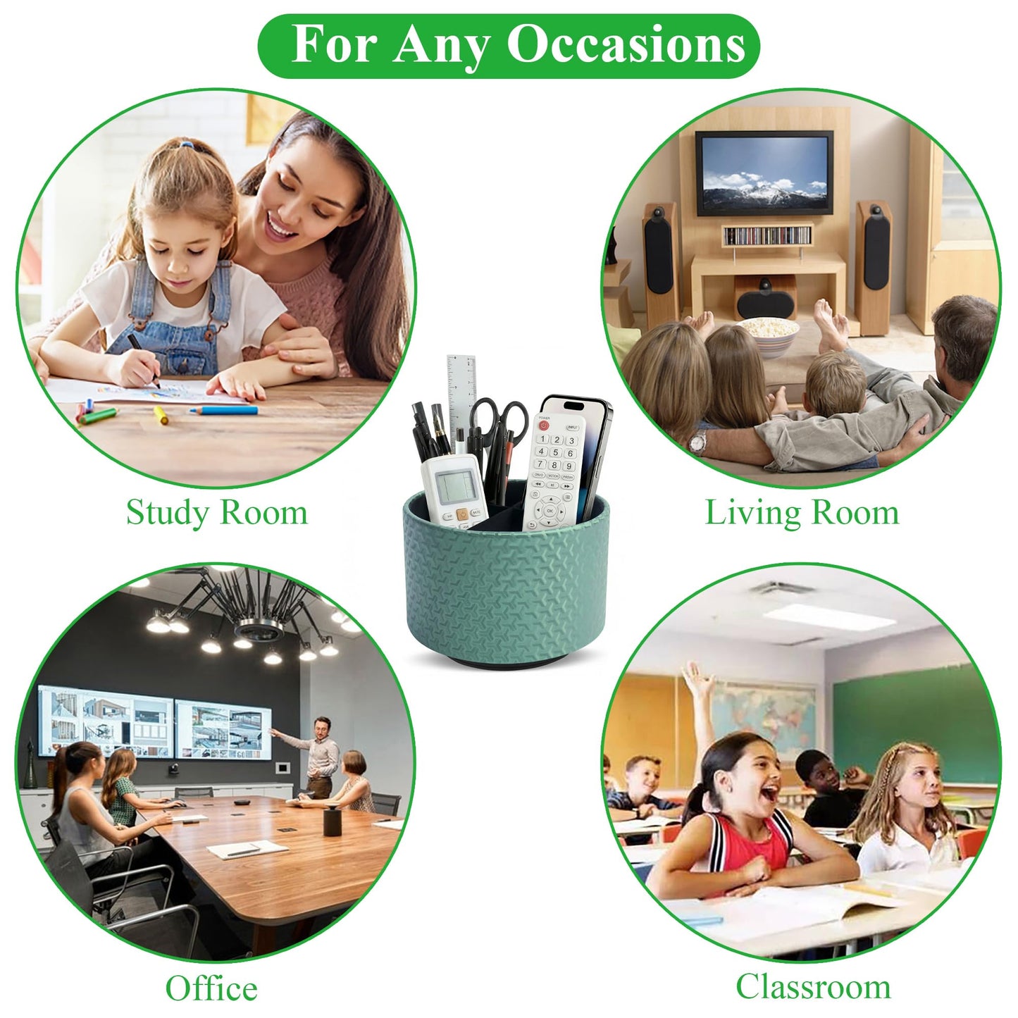 QIELIZI Round Leather Art Supply Organizer,Remote Control Holder,360 Degree Rotating,Multi-Functional Pencil Holder,4 Compartments Desktop Stationary Organizer(1-Triangle Green)