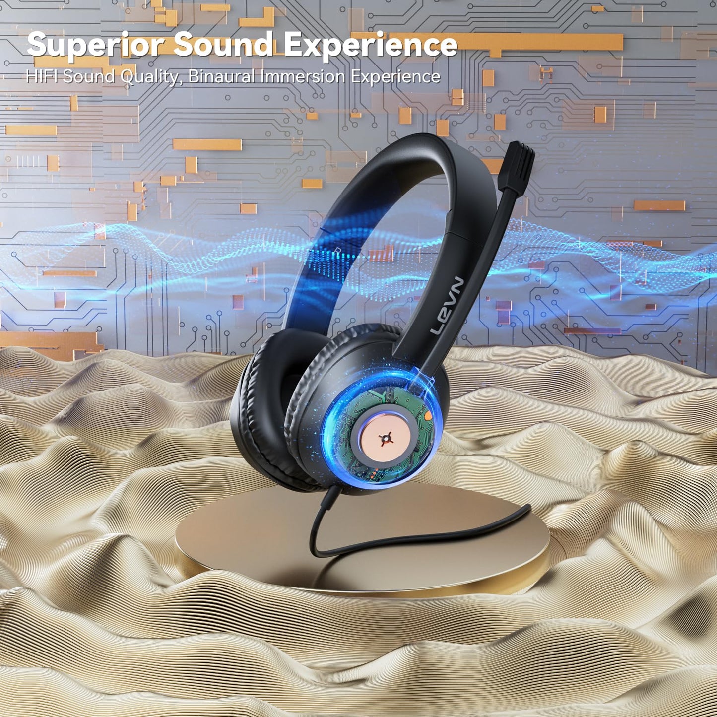LEVN Headset with Mic, USB Headset with Microphone for PC, Headphones with Mic for Pc with Noise Canceling Microphone for Laptop, USB Headphones for Work from Home/Call Center/Open Office, Black