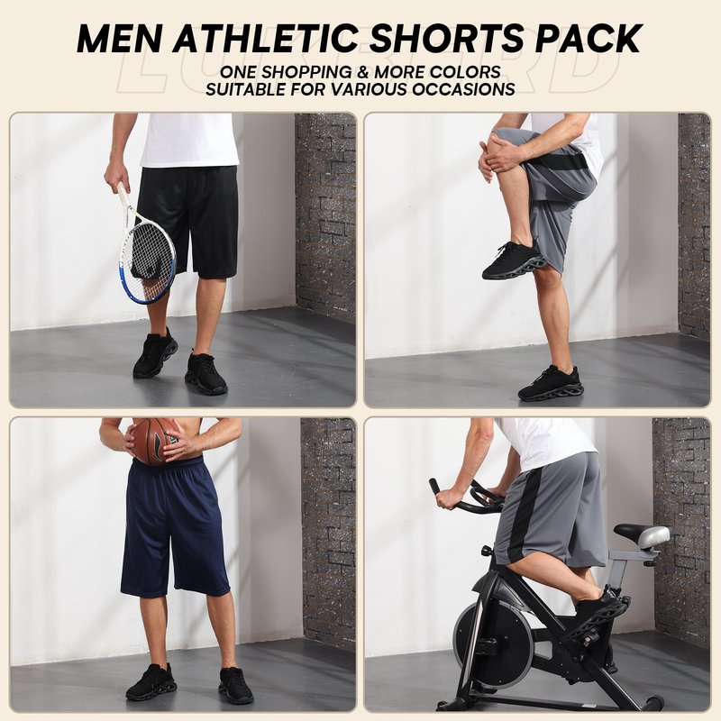 LukBerd Men's Long Athletic Shorts Black Basketball Workout Gym Shorts Below Knee Loose-Fit with Pockets L