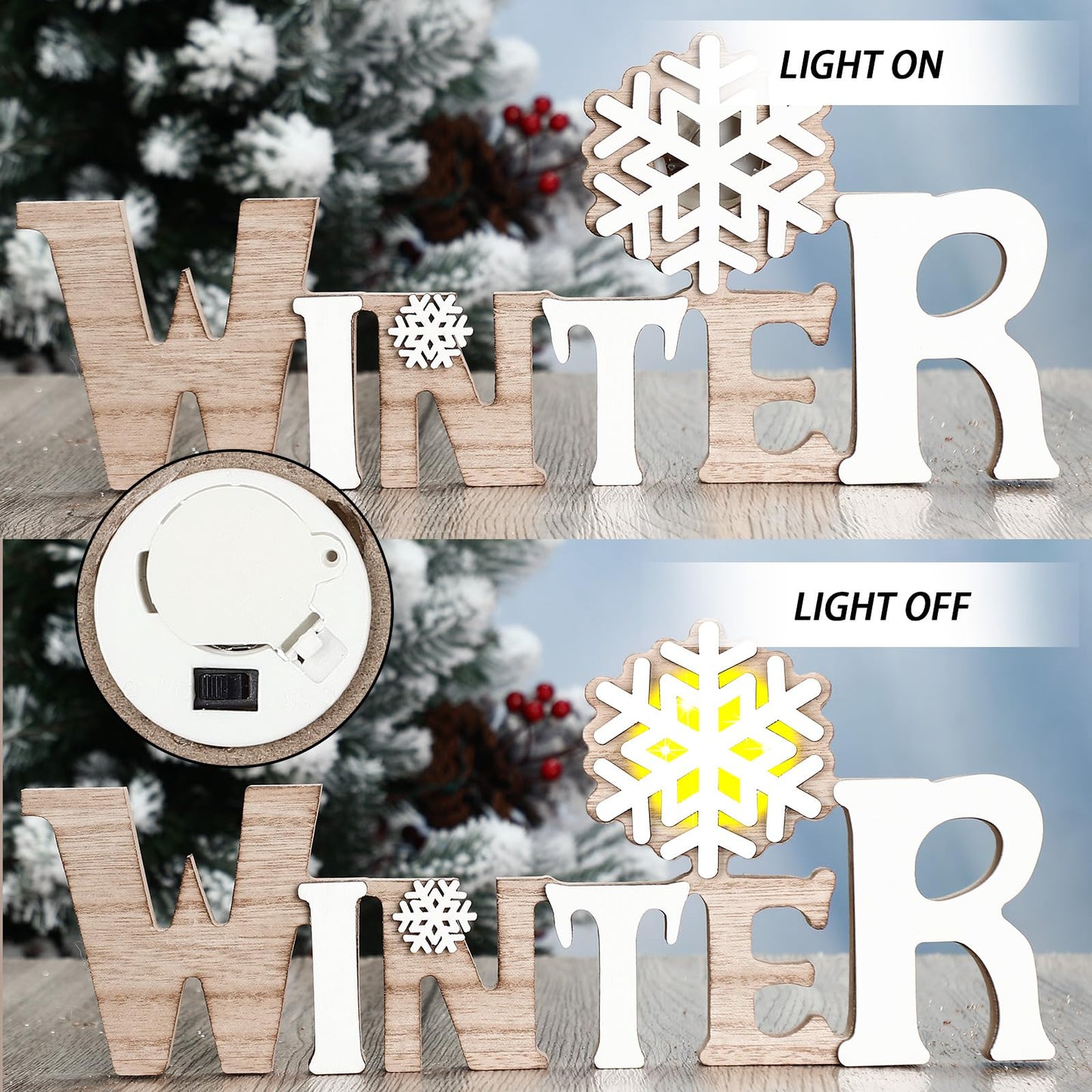 Geetery White Winter LED Wooden Sign Rustic Wooden Words Sign Tabletop Centerpiece Decor Snowflake Decorations for Winter Christmas Table Home Indoor Party
