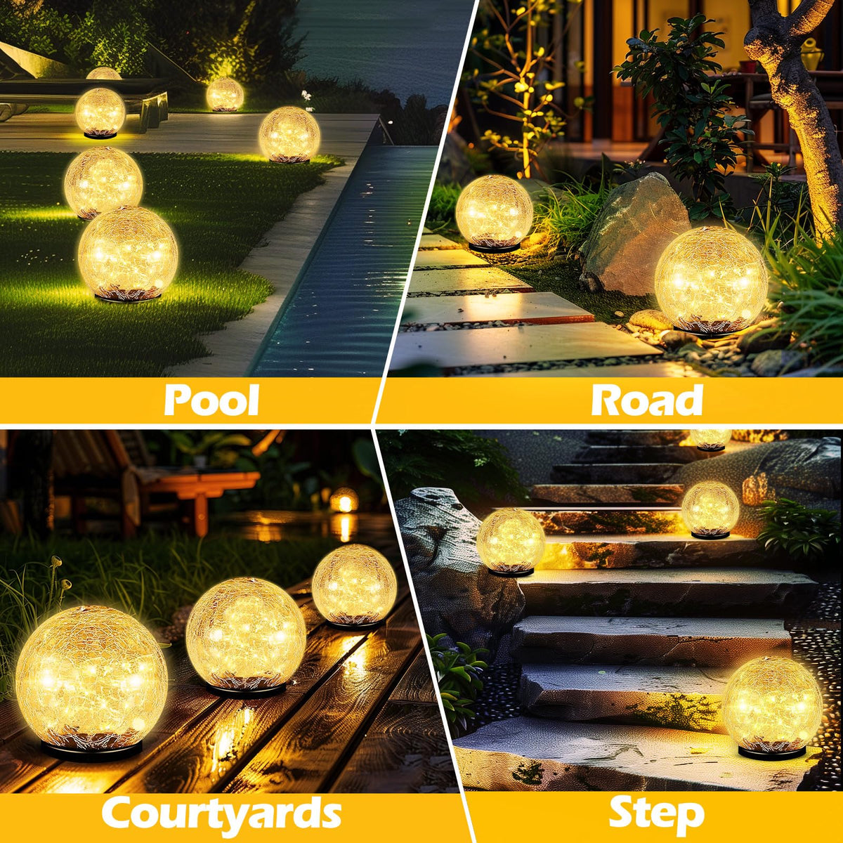 Coroor Garden Solar Ball Lights Outdoor Waterproof, 50 LED Cracked Glass Globe Solar Power Ground Lights for Path Yard Patio Lawn, Christmas Decoration Landscape Warm White(2 Pack 4.7'')