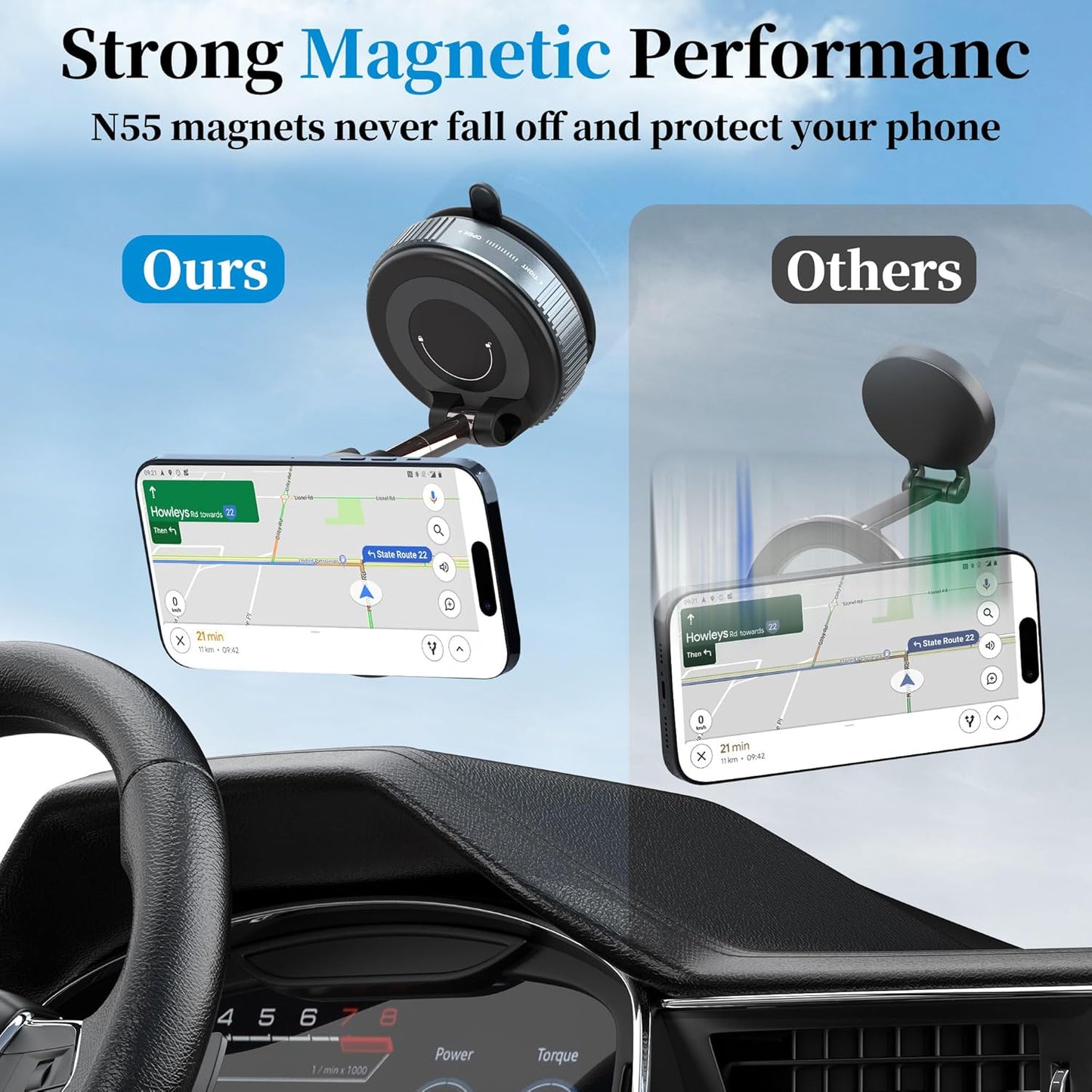 PlusAcc Vacuum Magnetic Phone Holder for Car - Suction Cup Phone Mount for MagSafe, 360° Rotatable Portable Strong Magnet Stand for iPhone 17/16/15/14/13 in Gym, Mirror, Smooth Surface, All Vehicles