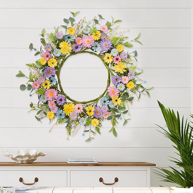 24" Front Door Wreath for Spring Summer Floral Seasonal Wreath with Colorful Flower Vibrant Artificial Daisy &Eucalyptus with Berries for Indoor & Outdoor Wall Home Decor