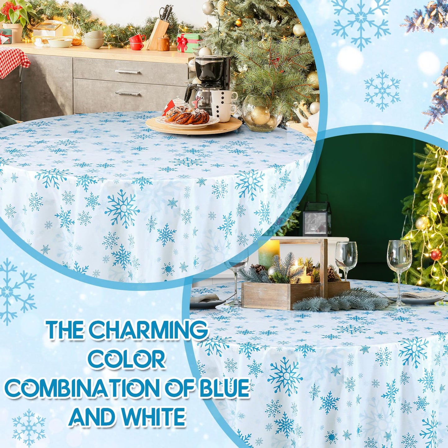 Sliner 6 Pcs Winter Round Plastic Tablecloth 84'' Winter Snowflakes Tablecloth Disposable Christmas Holiday Backdrop Sign Table Covers for Holiday Birthday Party Decorations (Blue,White)