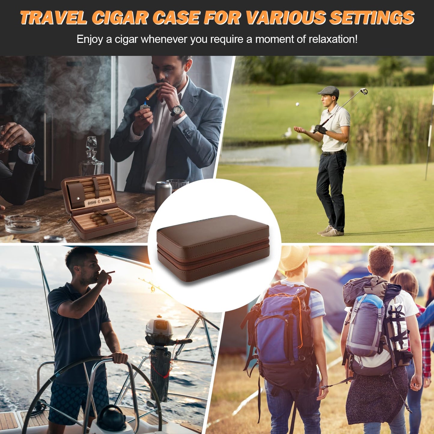 LIHTUN Cigar Humidor, Leather Cedar Wood Travel Cigar Case and Multifunctional in 1 Cigar Lighter Set Portable Travel Humidor Box Cigar Gift for Men (Brown)