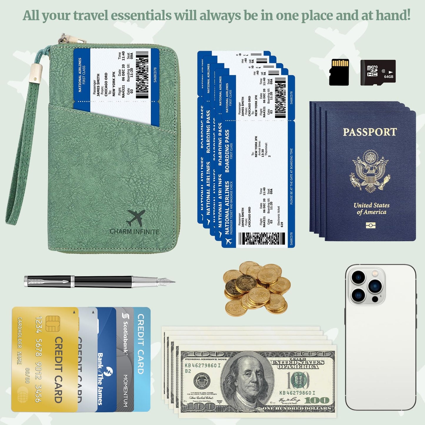 Family Passport Holder Wallet with Zipper, RFID Blocking Travel Document Organizer for Women Men, Portable Case Cover for Cards, Boarding Pass, ID, Money, Tickets with Wrist/Neck Strap