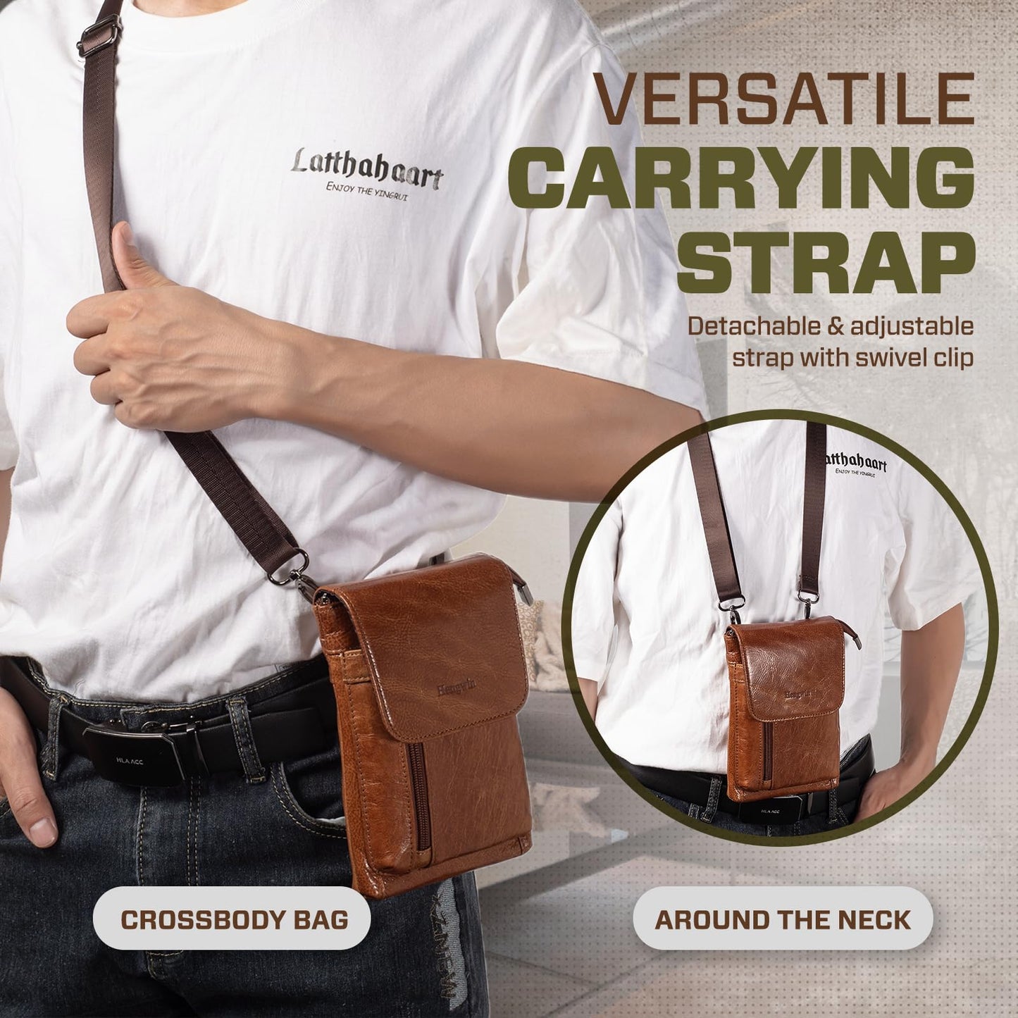 Hengwin Genuine Leather Small Crossbody Bag for Men Women, Cellphone Belt Pouch Bag, Travel Passport Wallet, Shoulder Holster