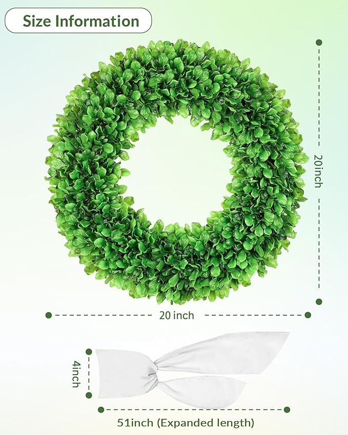 20 inch Artificial Boxwood Wreath for Front Door, Greenery Spring Summer Wreath for All Seasons with Sash,St Patrick's Day Decoration, Farmhouse, Garden, Wedding, Indoor & Outdoor