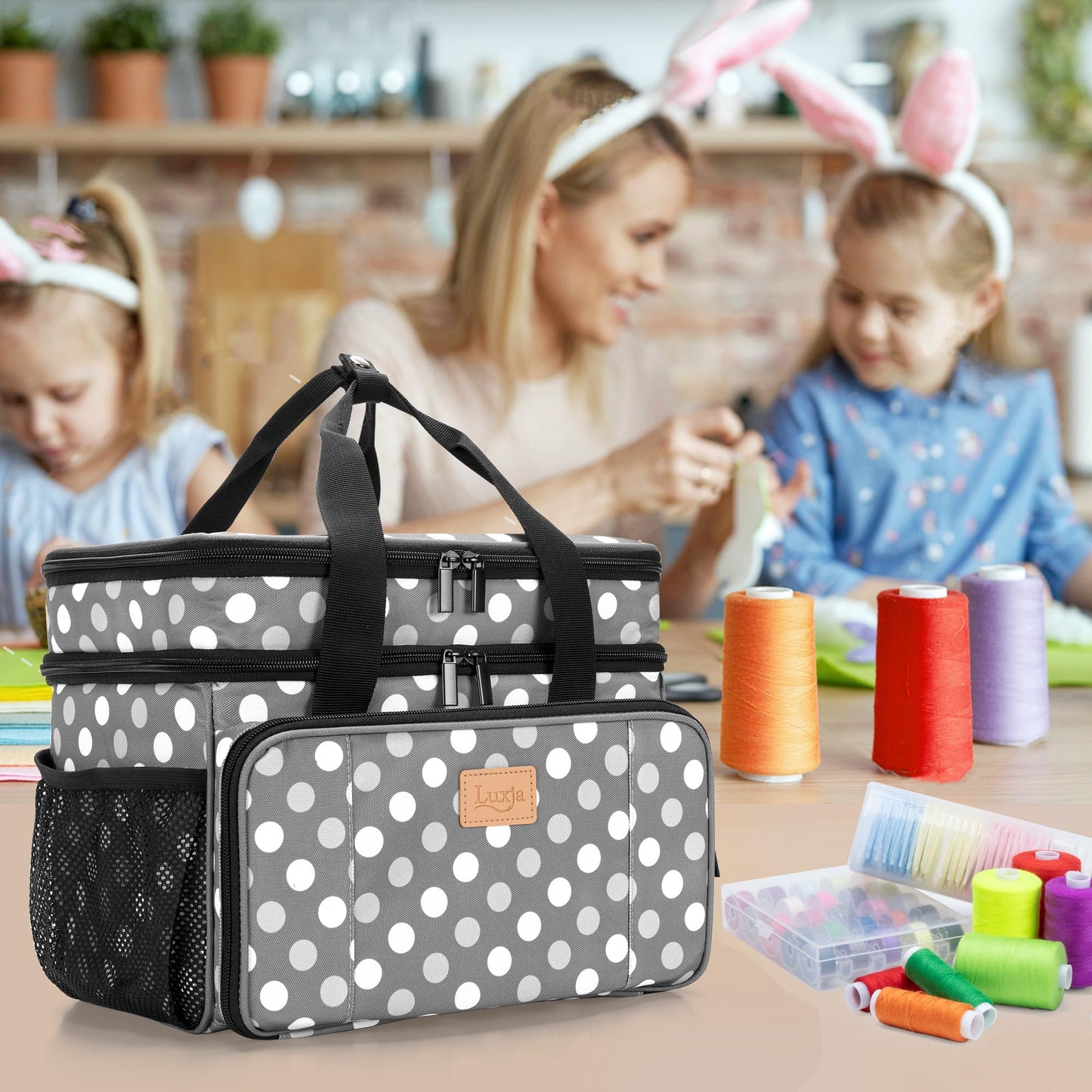 LUXJA Large Sewing Organizer with Many Compartments, 2 Layers Sewing Accessories Organizer with Varisized Pockets for Sewing and Crafting Supplies (Bag Only), Polka Dots