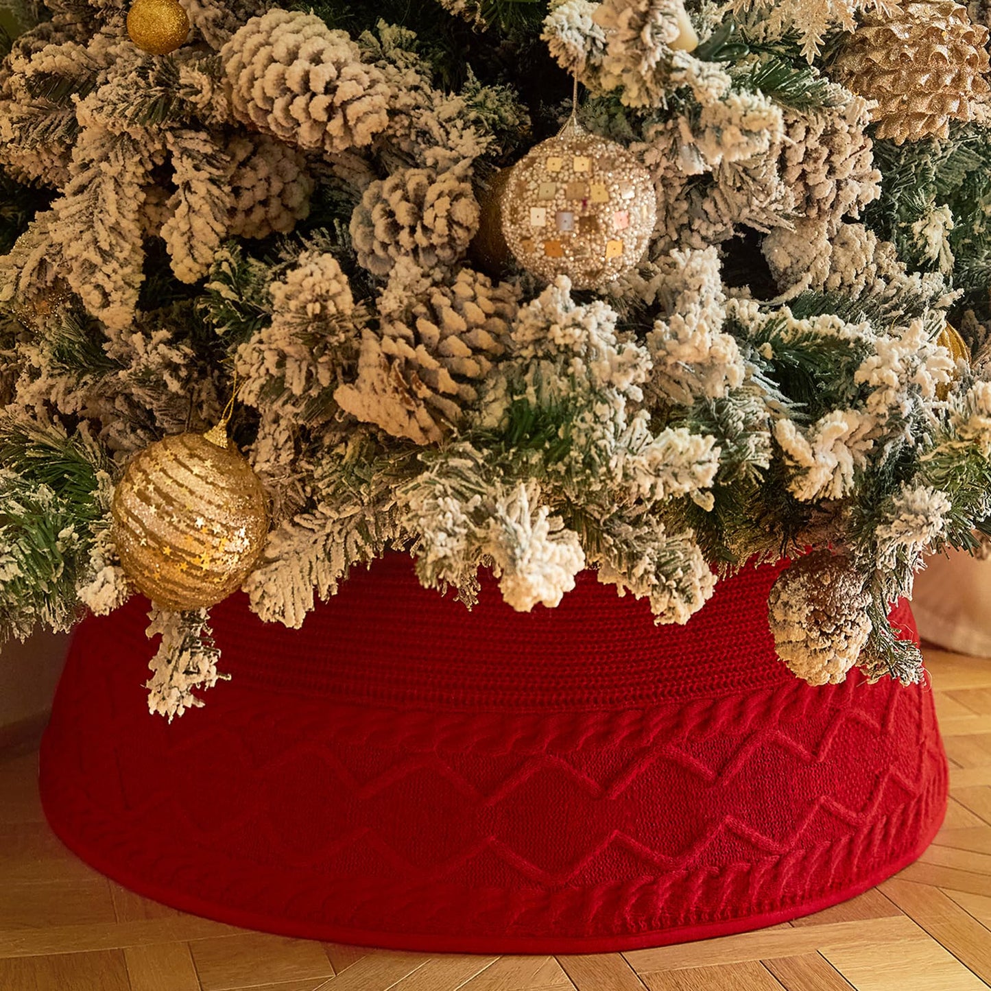 Noiclub Christmas Tree Collar Red, Adjusted Christmas Tree Base Cover for Artificial Trees, Knit Red Rustic Farmhouse Xmas Tree Ring Skirt for 6-7.5ft Tree