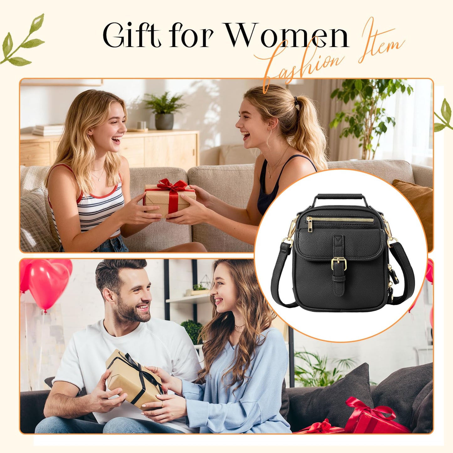 crawing Vegan Leather Crossbody Bag for Women with 2 Straps, Small Messenger Bag with Wallet, Anti Theft Shoulder Bag (Black)