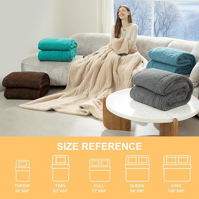 Electric Blanket King Size Single Control - 100"X90" Soft Double Sided Sherpa Heated Blanket with 6 Heating Levels & 10 hrs Timer Settings, Washable & ETL Certified for Bed, Beige