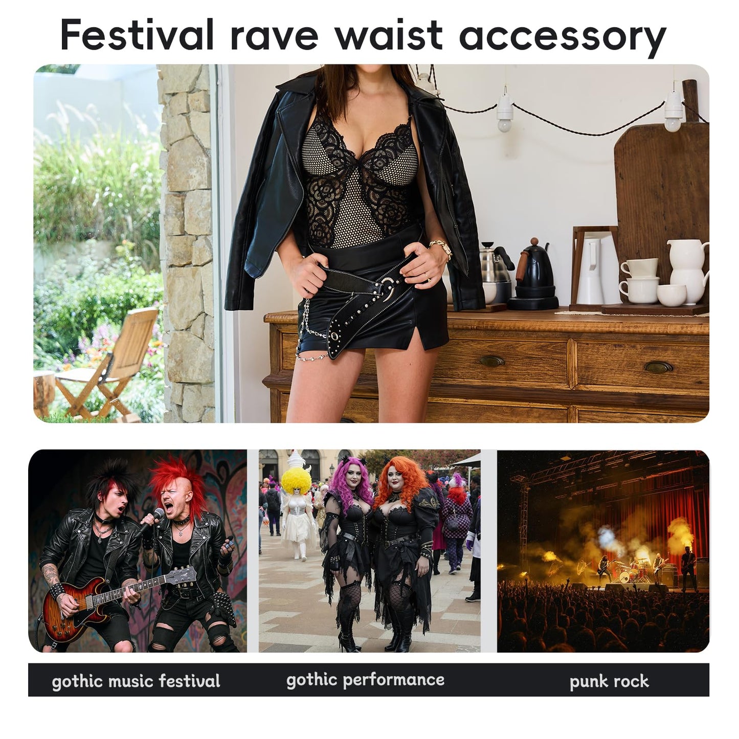 VQYVRZC Goth Belt for Women Wide Black Punk Accessory Studded Rivets with Detachable Crystal Waist Chain Rock Rave Emo Style