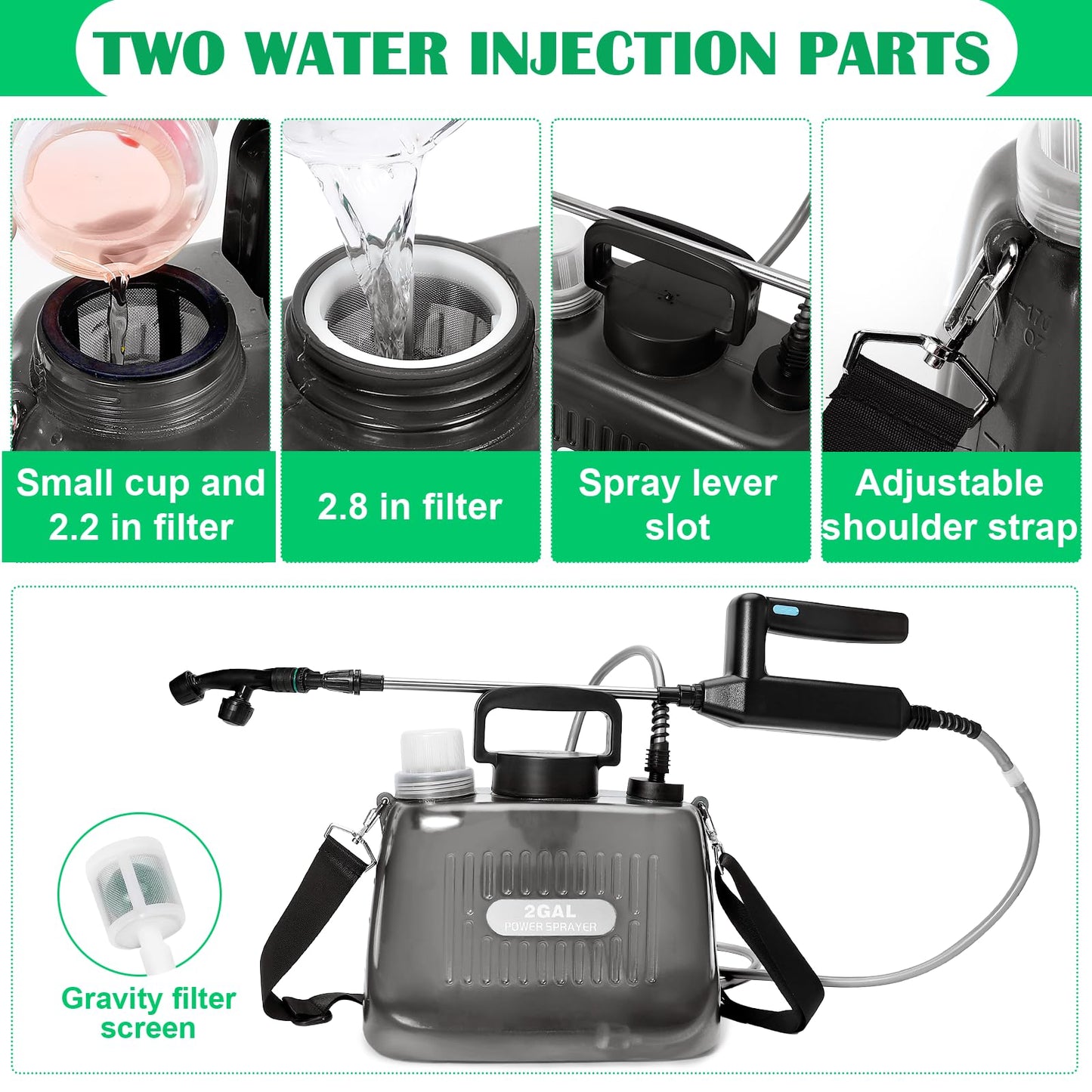 WYRJXYB Battery Powered Sprayer 2 Gallons, Upgrade Electric Garden Sprayer with 4 Mist Nozzles,USB Rechargeable Handle,32in Telescopic Wand,1 Glove,Portable Garden Sprayer for Yard Lawn Garden