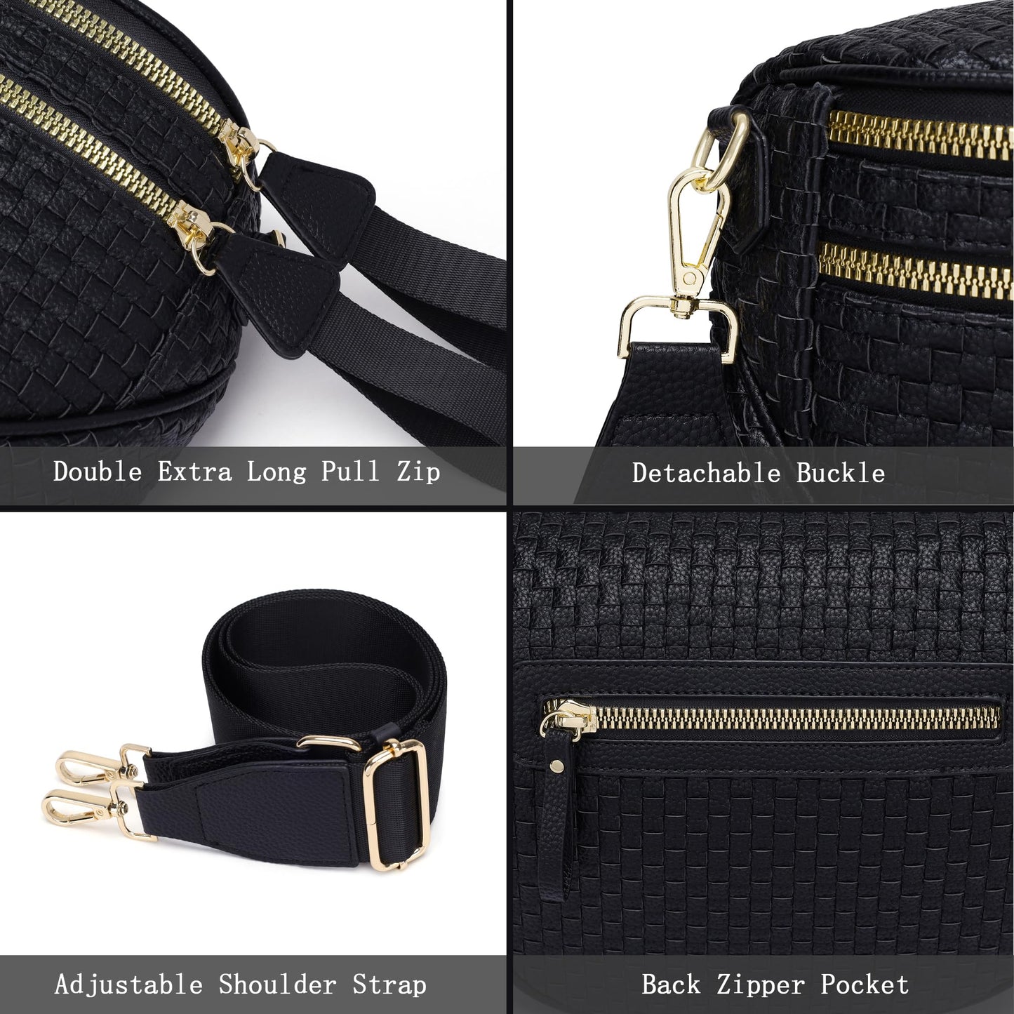 AMZFROG Checkered Woven Cross body Bum Bags for Women Trendy Casual Chest Bag Sling Bags Genuine Leather Fanny Packs Adjustable Strap Large Waist Bag for Outdoor Travel Black