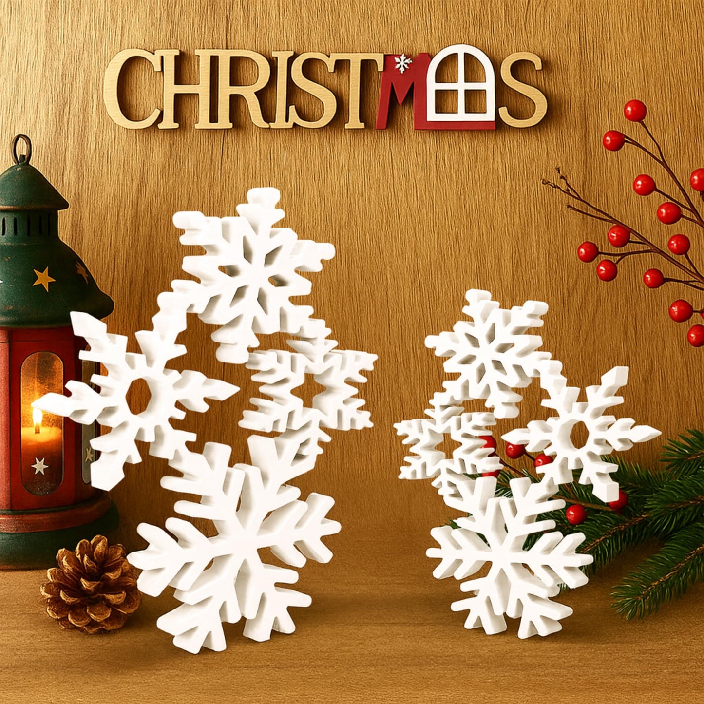 Thyle 2 Sets Christmas Wooden Snowflake Decorations 12.2 Inches 9.5 Inches 3D Winter White Snowflake Tabletop Sign Wonderland Wood Blocks for Xmas Centerpiece Farmhouse Rustic Home Decor