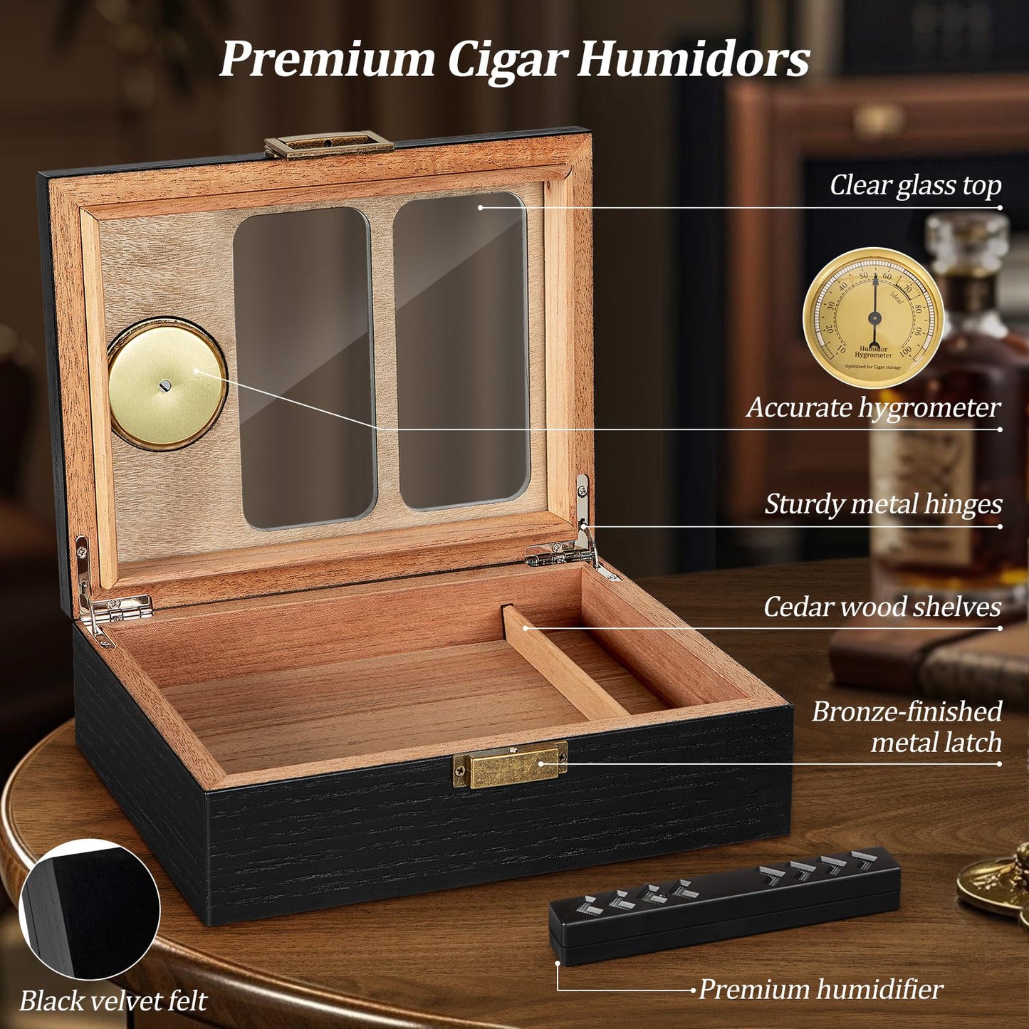 Usewire Cigar Humidor, Glass Top Cedar Cigar Case, Cigar Box for 20-30 Cigars with Hygrometer, Humidifier, Desktop Cigar Humidor, Cigar Lovers Gift (Black)