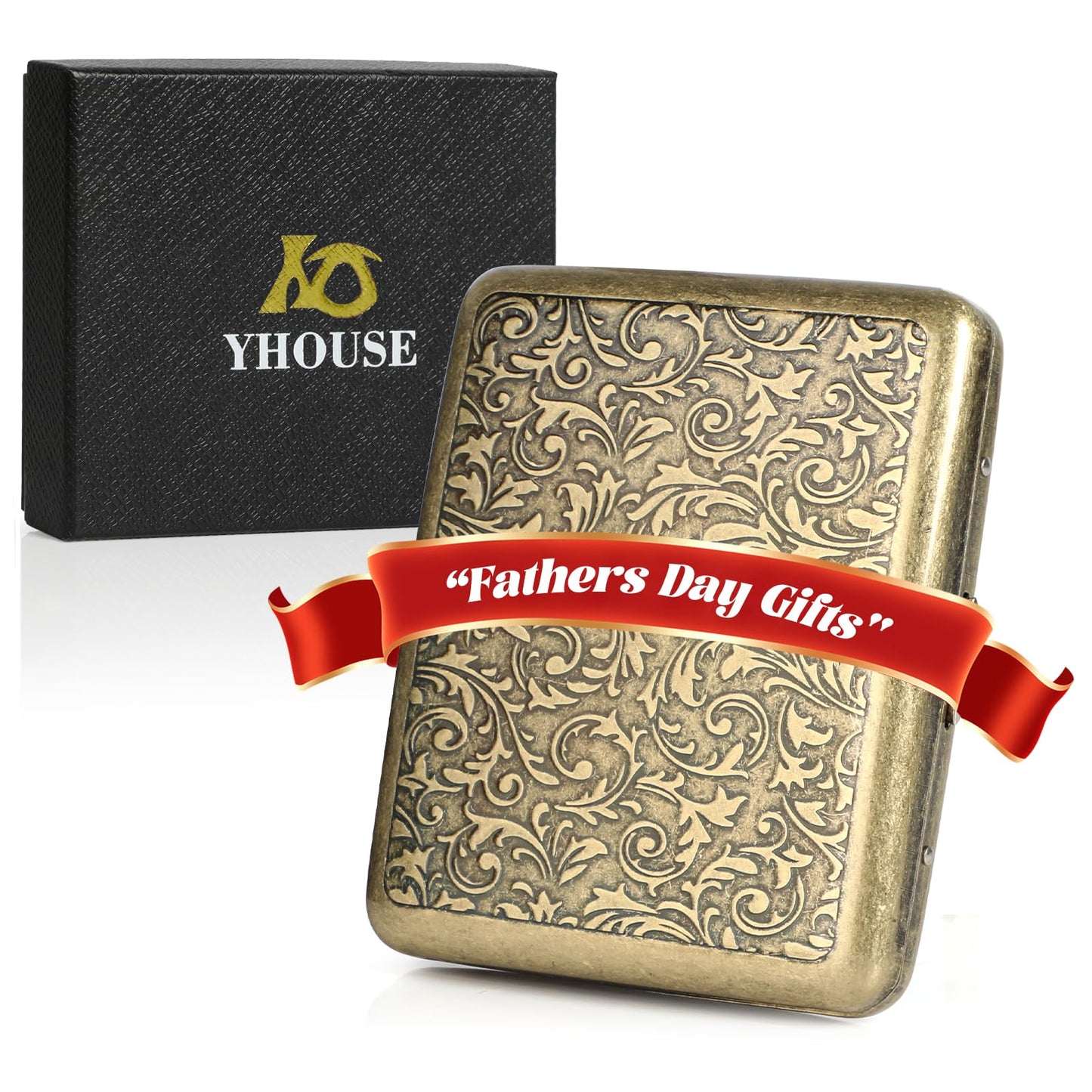 YHOUSE Cigarette Case - Retro Metal Cigarette Box Double Sided Spring Clip Open Pocket Holder for 20 Cigarettes (Golden)