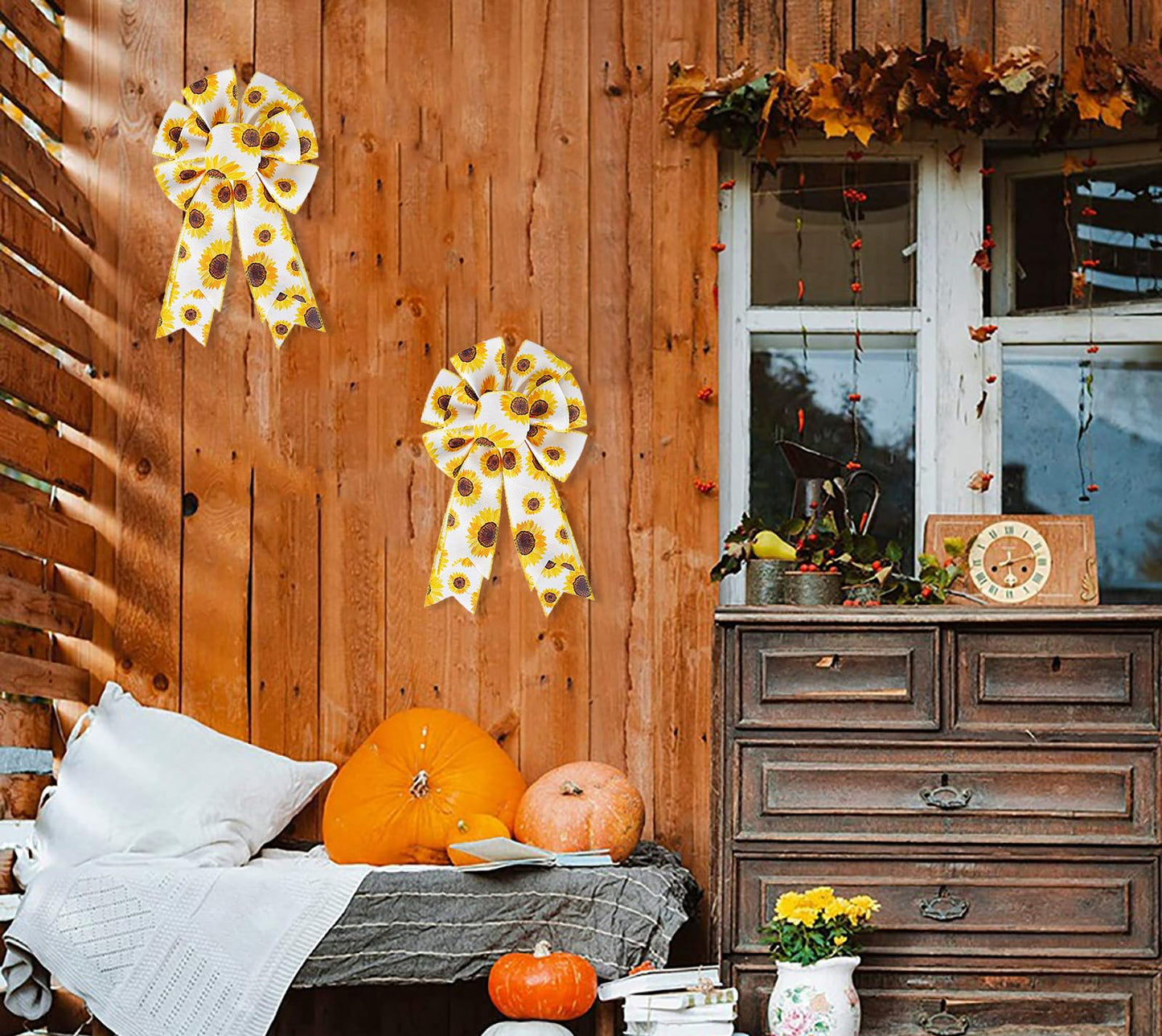 Sunflower Printing Burlap Wreaths Bows Flower Wreath Bows for Christmas Tree Topper Door Ornament Window Ornaments