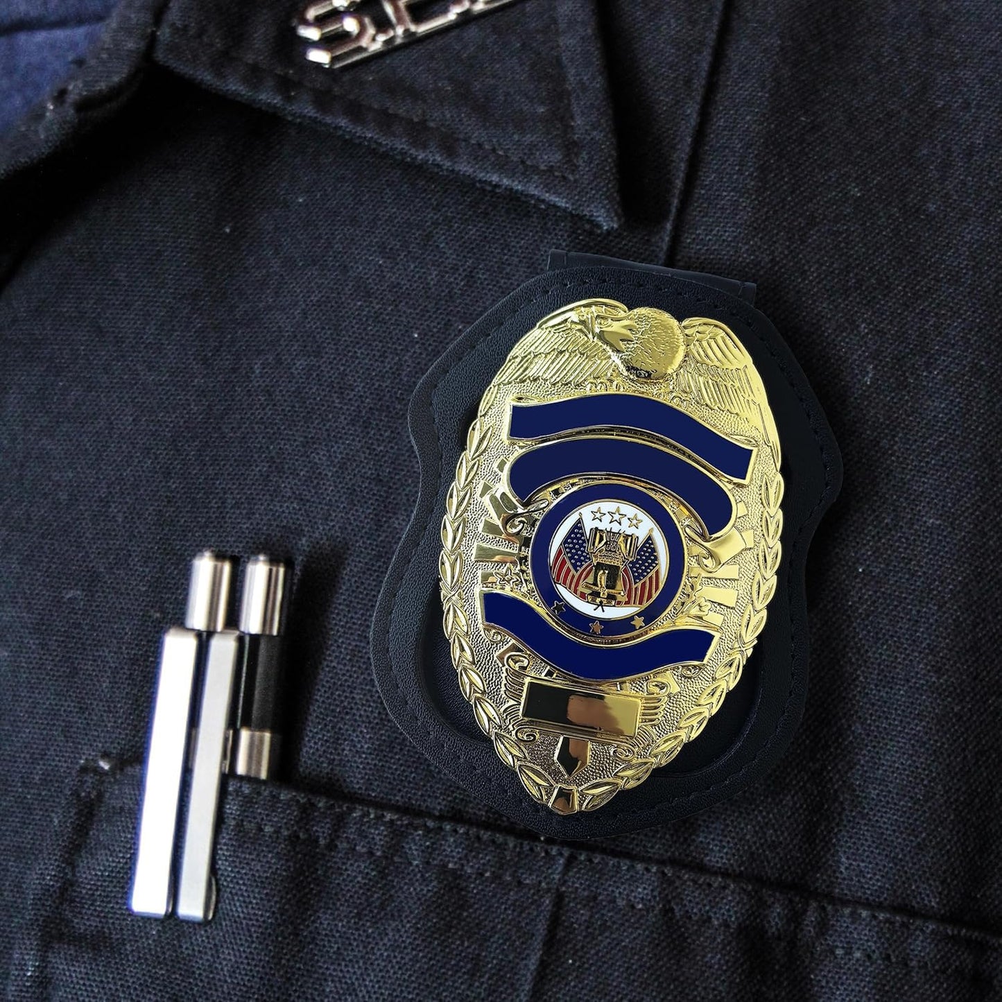 Police Badge Holder Made of Cowhide Universal Black with Leather Belt Buckle Hook Buckle and Stainless Steel Bead Chain Law Enforcement Officer Gifts Polygonal
