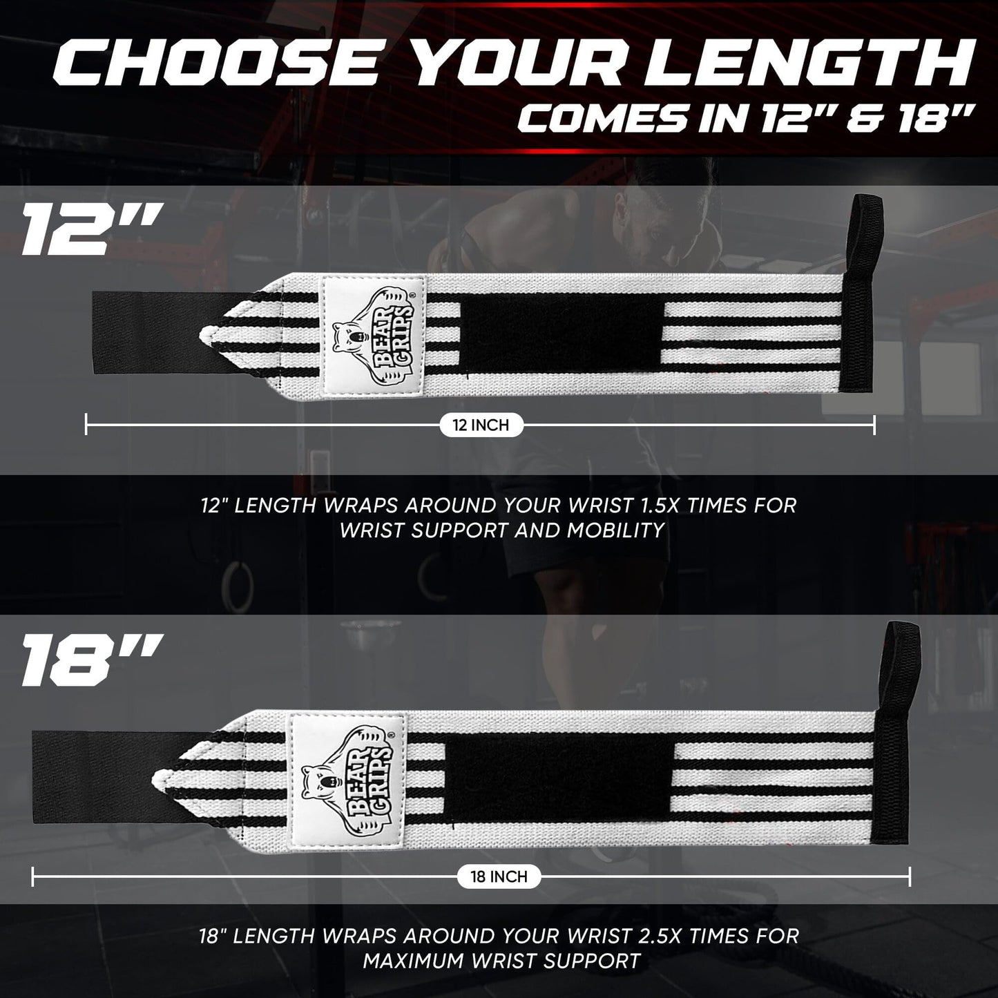 Bear Grips Wrist Wraps for Weightlifting | Weight Lifting Wrist Straps for Weightlifting | Extra Strength Gym Wrist Wraps | Two Wrist Wrap Per Pack | 12β & 18β | Lifting for Men & Women
