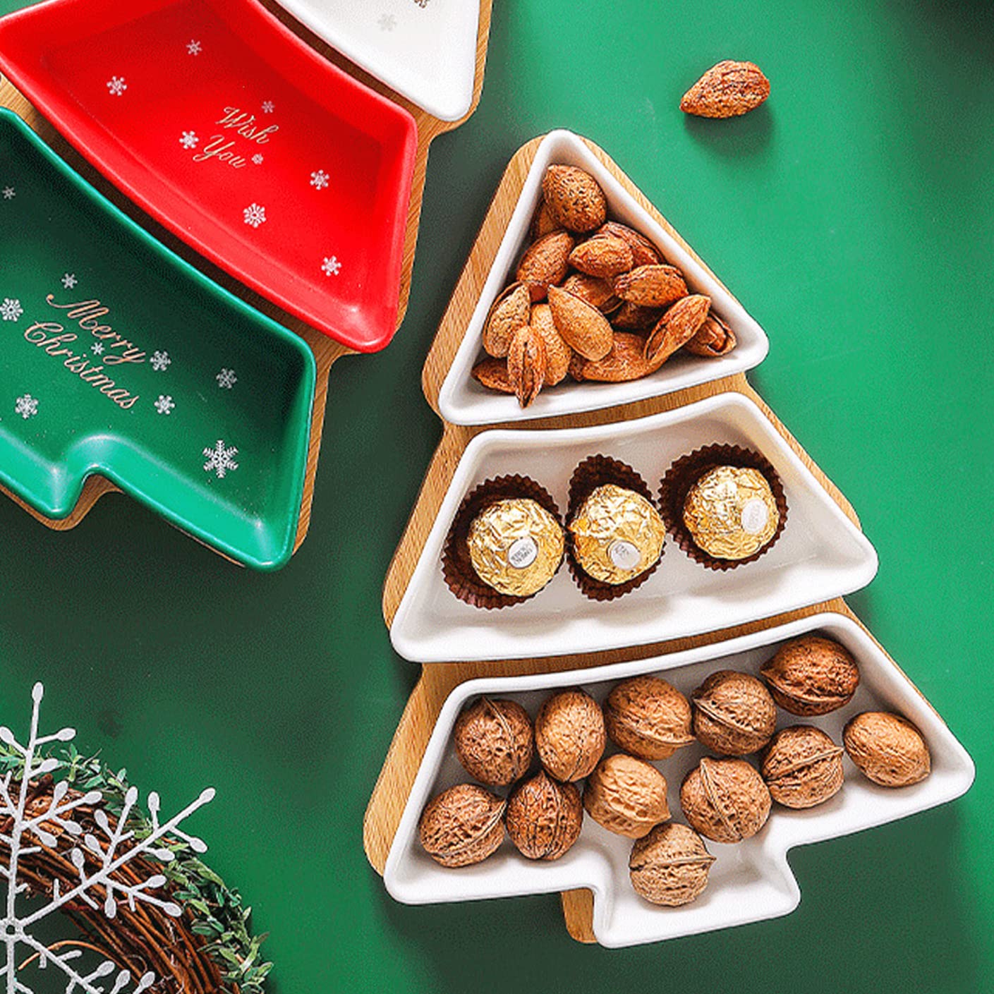 ROSE CREATE 11.6 Inches Big White Snack Appetizer Trays Set, Christmas Tree Dessert Serving Dishes, Snack Platter, 3 pcs Removable Porcelain Plates with Bamboo Tree Tray