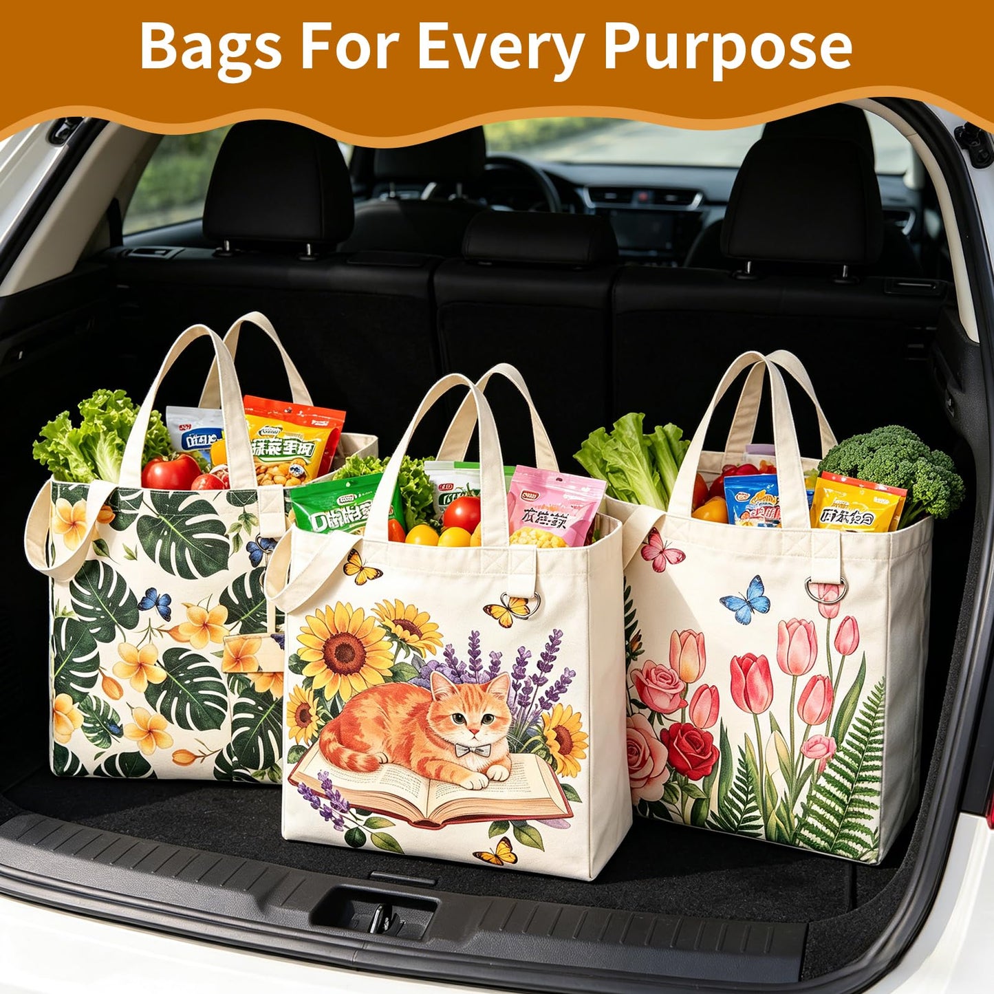 KIDJFGG Large Canvas Grocery Tote Bag, 3 Pack Heavy Duty Cotton Canvas Totes with Removable Bottom Support & Small Storage Pouch, Washable, 2 Handles Reusable Grocery Bags for Shopping, Women's Gift