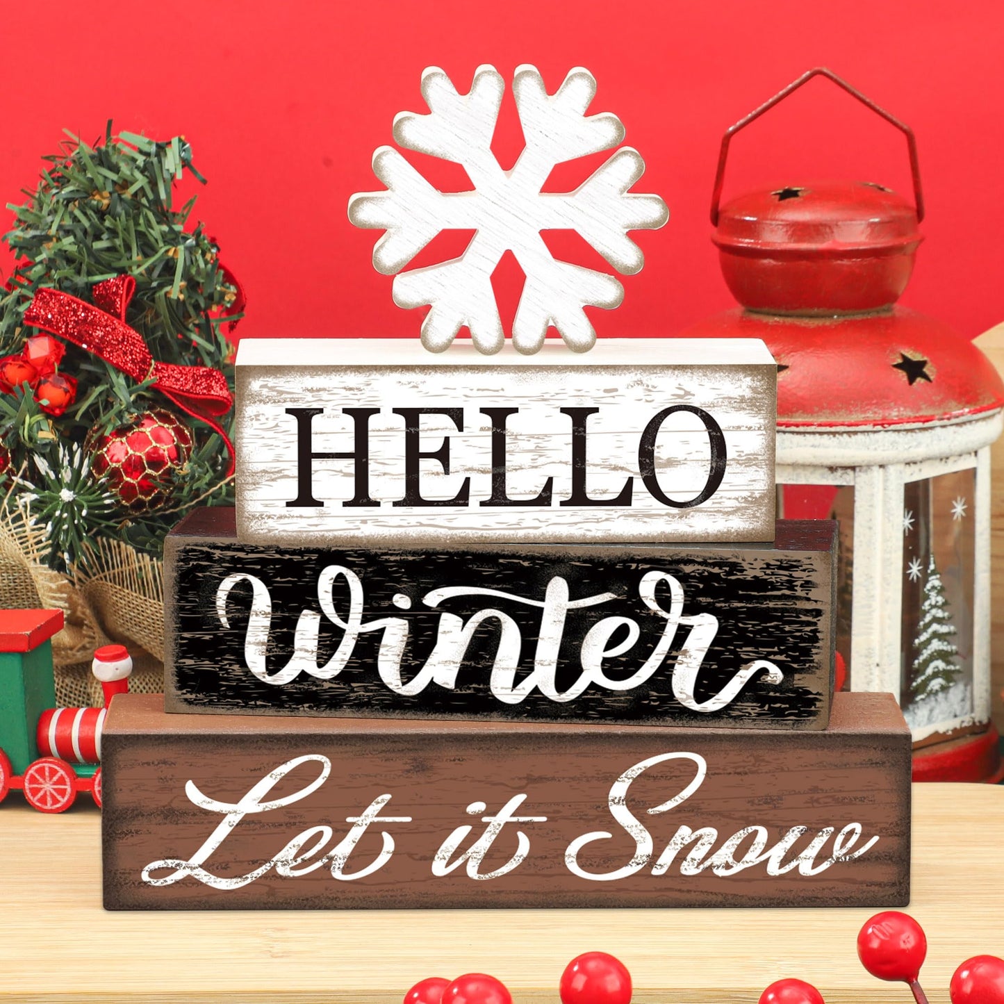 4 Pcs Winter Snowflake Wooden Table Block Sign Christmas Tiered Tray Decor Hello Winter Wood Tabletop Centerpiece Let it Snow Rustic Farmhouse Table Decorations for Xmas Holiday Home Shelf Party Decor