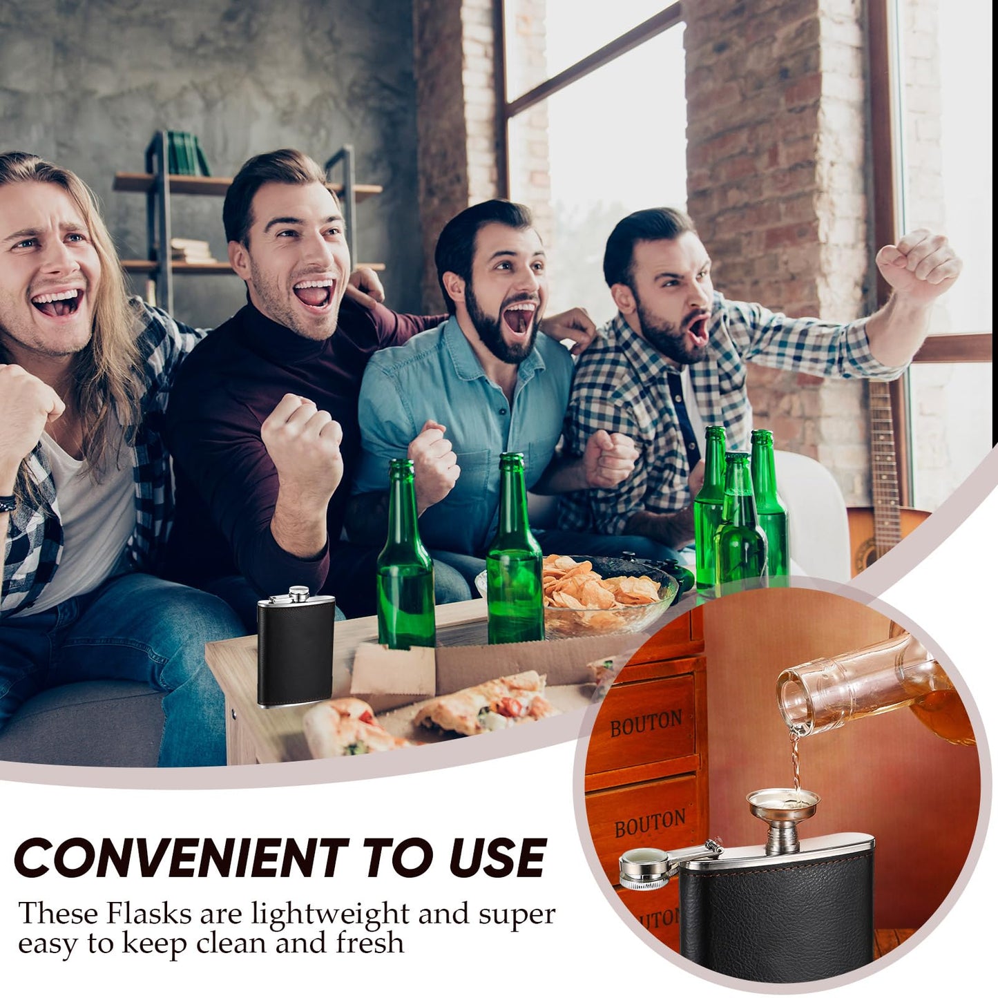 Domensi 6 Set Hip Flask Gift Set Flask for Liquor for Men with Black Leather Cover 8 oz Hip Flask Set 18/8 Stainless Steel Hip Flasks with 2 Cups & Funnel for Men Gift Box, Camping, Wedding Party