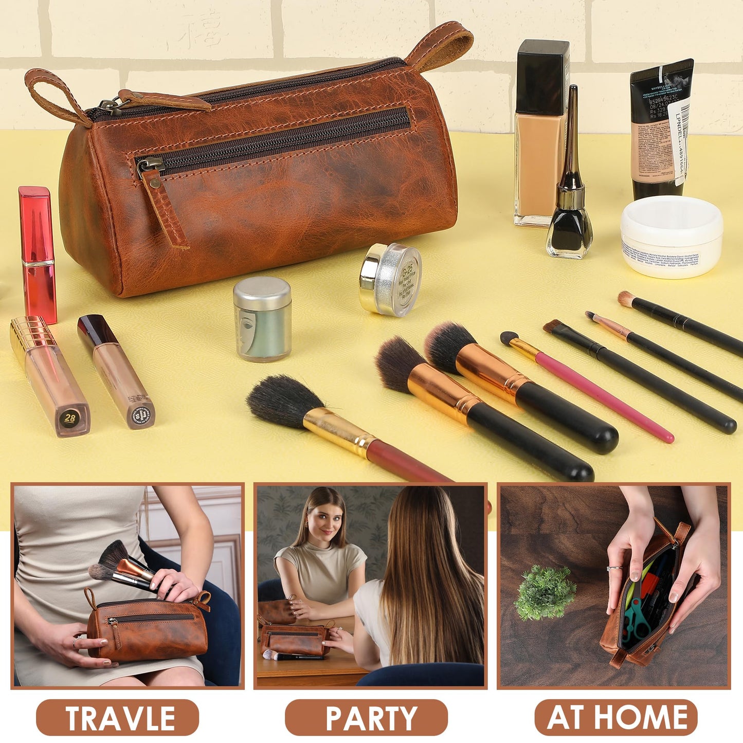 TheAntiq Leather Makeup Bag for Women – Genuine Leather Cosmetic Bag Travel, Handmade Zippered Makeup Pouch, Small Toiletry Bag, Shaving Kit & Stationery Organizer- Tan