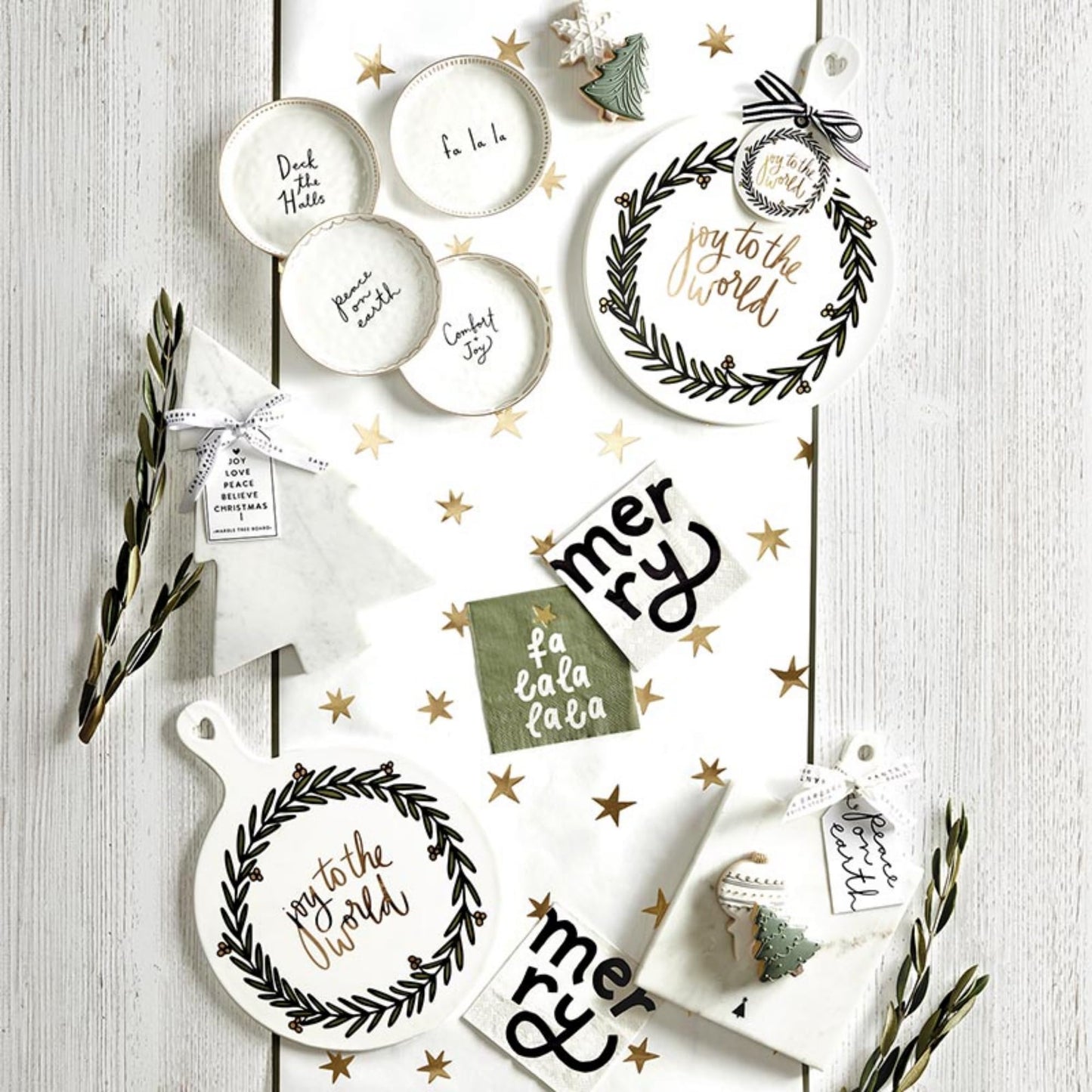 Santa Barbara Design Studio Joy to The World Square White Marble Charcuterie Cheese Tray with Handle, Small Black Tree Icon, 10.75" x 7"