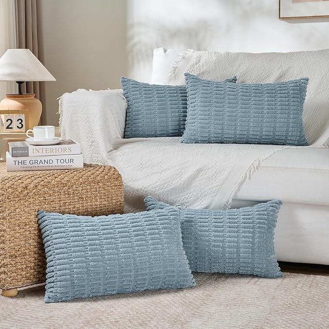 Fancy Homi 1 Pack Boho Light Blue Decorative Throw Pillow Covers 12x20 Inch for Couch Bed Sofa, Rustic Modern Farmhouse Home Decor, Soft Plush Corduroy Cute Rectangle Cushion Case 30x50 cm