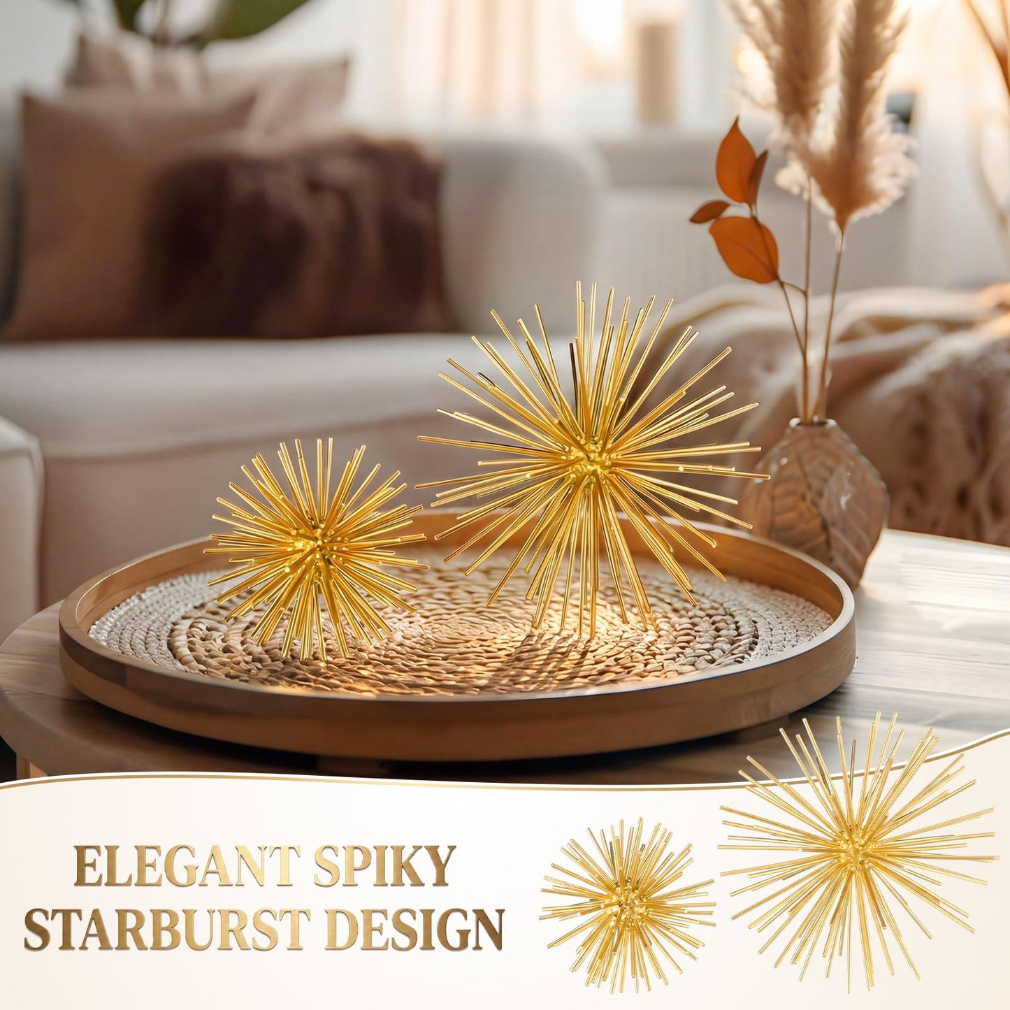 ElaraBerry 2 Pcs 4.2" and 6" Gold Sphere Decor, Metal Gold Starburst Tabletop Sculpture Decor, Modern Metal Starburst Centerpiece, Star Burst Ball Decoration for Home Decoration