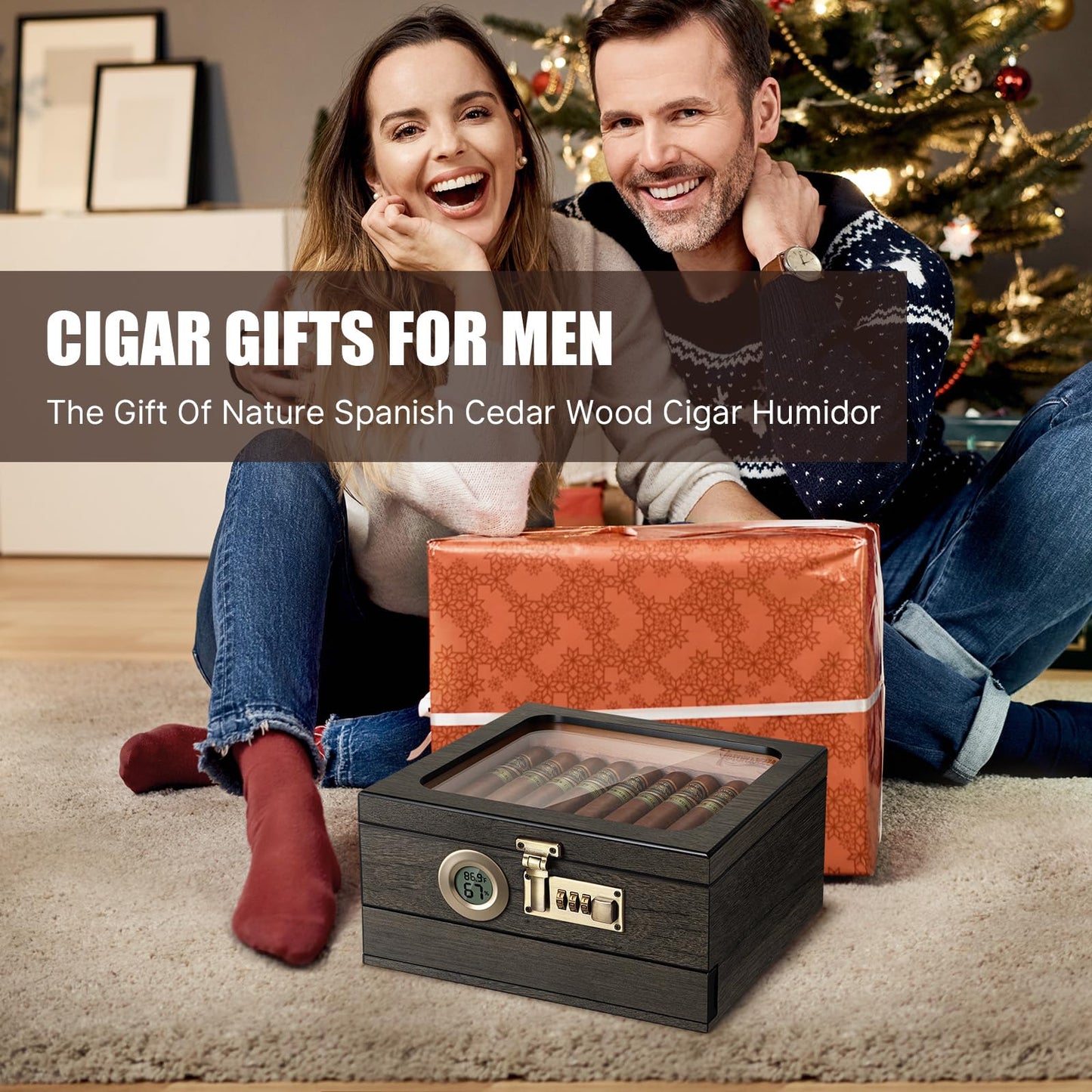 Tesonway Cigar Humidor,Cedar Wood Humidor Cigar Box,Glass Top Desktop Humidor with Digital Thermo-Hygrometer, Humidifier, Divider, Accessories Drawer and Combination Lock,Cigar Gift for Men
