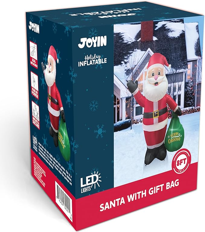 JOYIN 8FT Tall Christmas Inflatable Santa Outdoor Decoration for Yard, Blow Up Santa Decor Holding Gift Bags with Build-in LEDs for Xmas Party Decor Yard Outside Garden Holiday Decoration