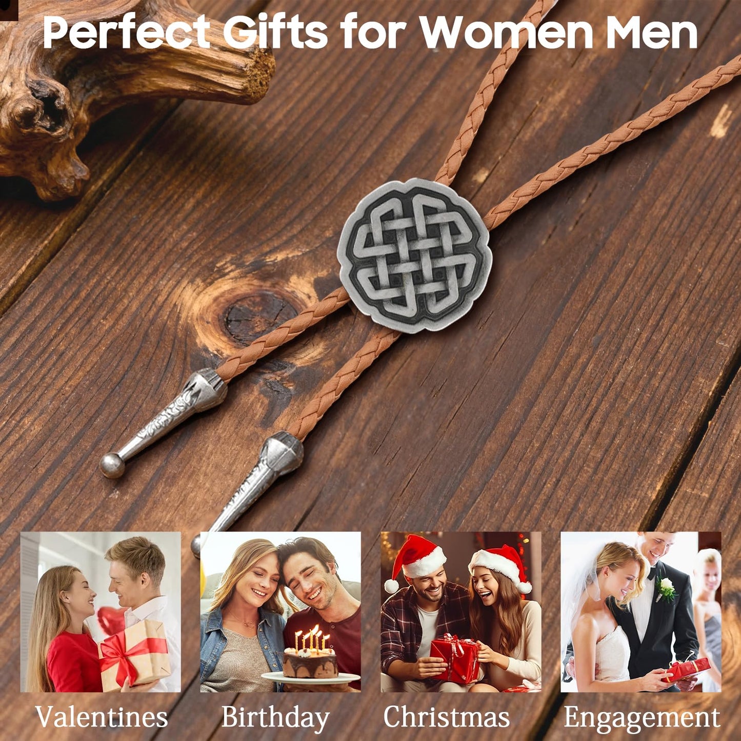 Ynlonghornb Cowboy Bolo Tie for Men and Women, Brown Leather Necktie, Native American Cowboy Accessories for Women (Silver Celtic Knot)