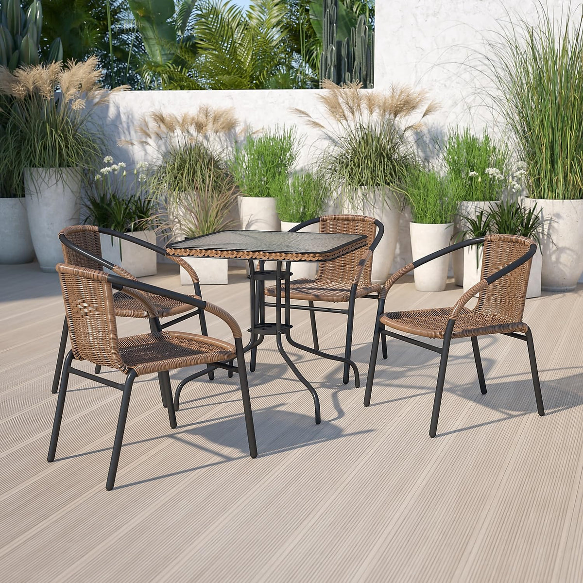 Flash Furniture Barker 28'' Square Tempered Glass Metal Table with Dark Brown Rattan Edging