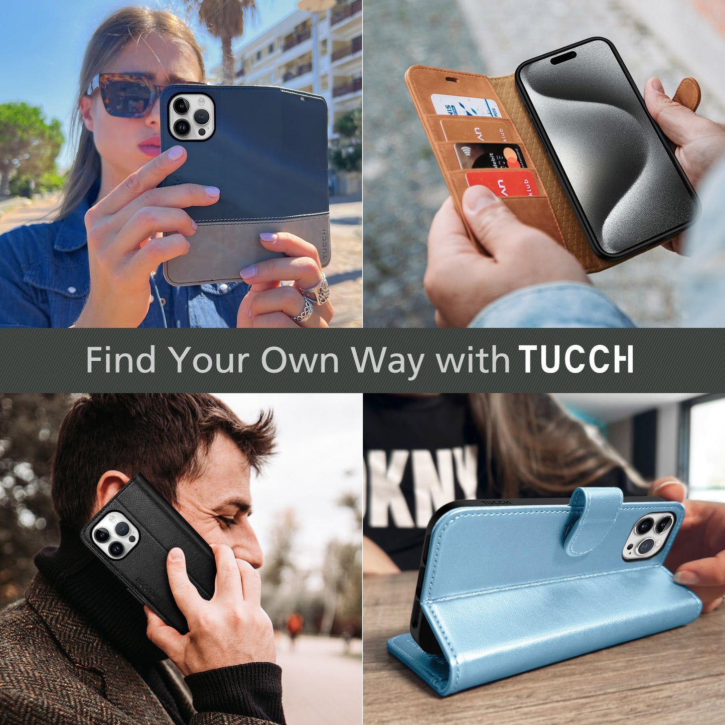 TUCCH Case Wallet for iPhone 15 Pro Max, RFID Blocking 4 Card Holder Kickstand Shockproof TPU Inner Case, PU Leather Magnetic Flip Folio Cover, Black
